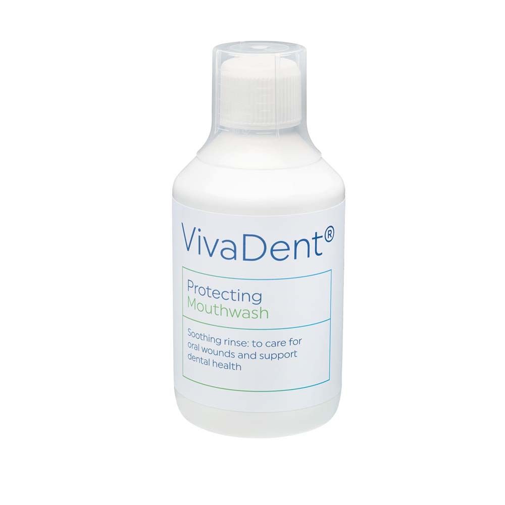 Bouteille blanche VivaDent Protecting Mouthwash avec bouchon blanc. Inscription et nom du produit.