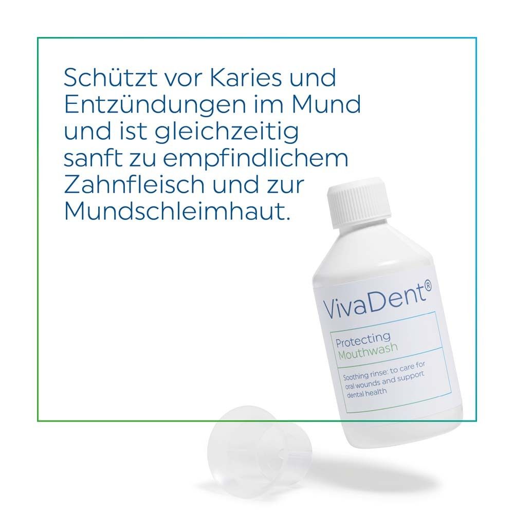 Bouteille blanche VivaDent Protecting Mouthwash avec bouchon et gobelet doseur. Texte sur fond vert.