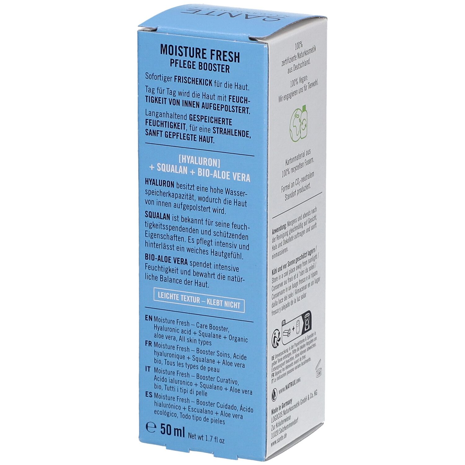 Côté de l'emballage de SANTE MOISTURE FRESH Pflege Booster. Texte avec ingrédients, description et instructions d'utilisation.