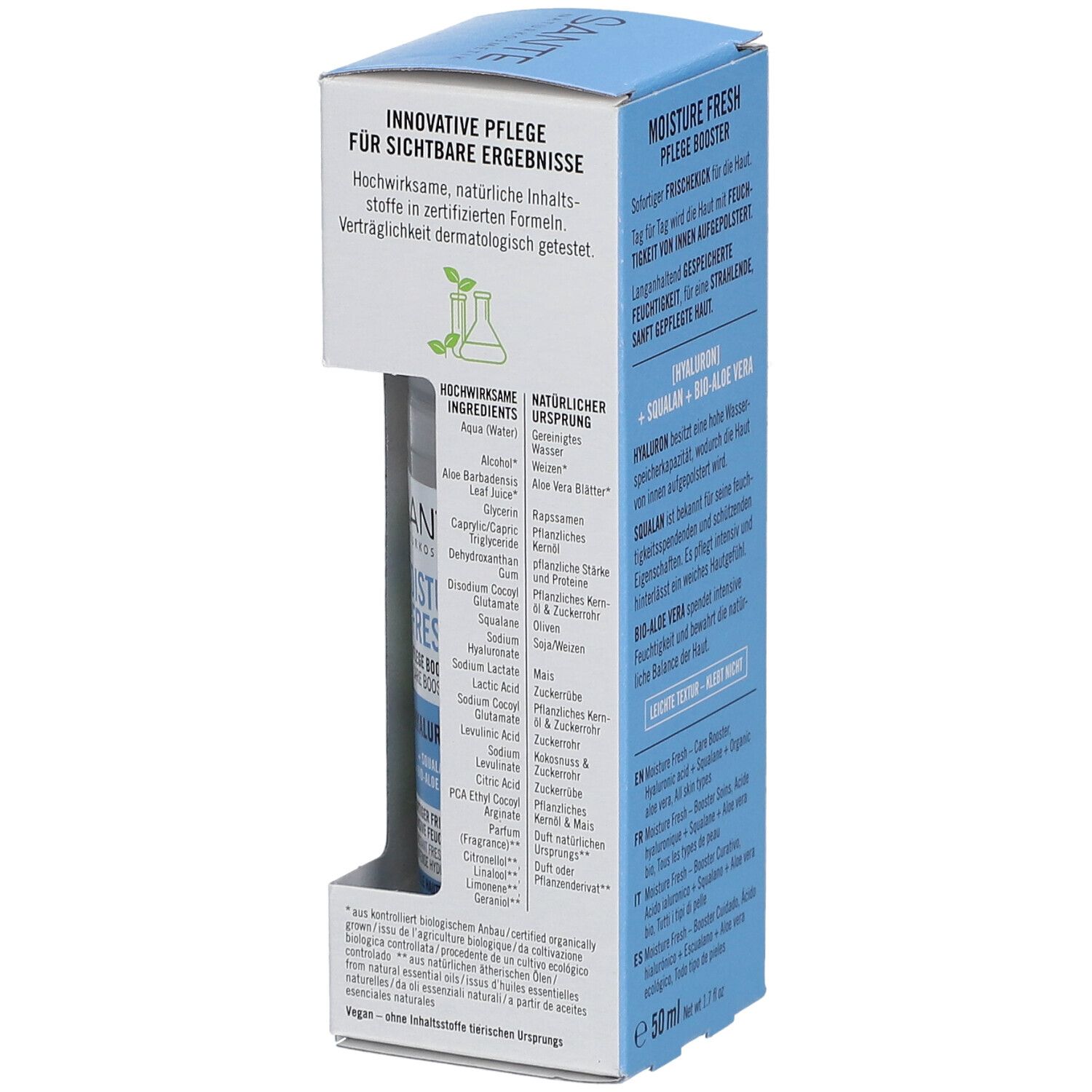 Côté de l'emballage de SANTE MOISTURE FRESH Pflege Booster. Texte avec ingrédients et certifications. Contient aussi une liste des ingrédients.