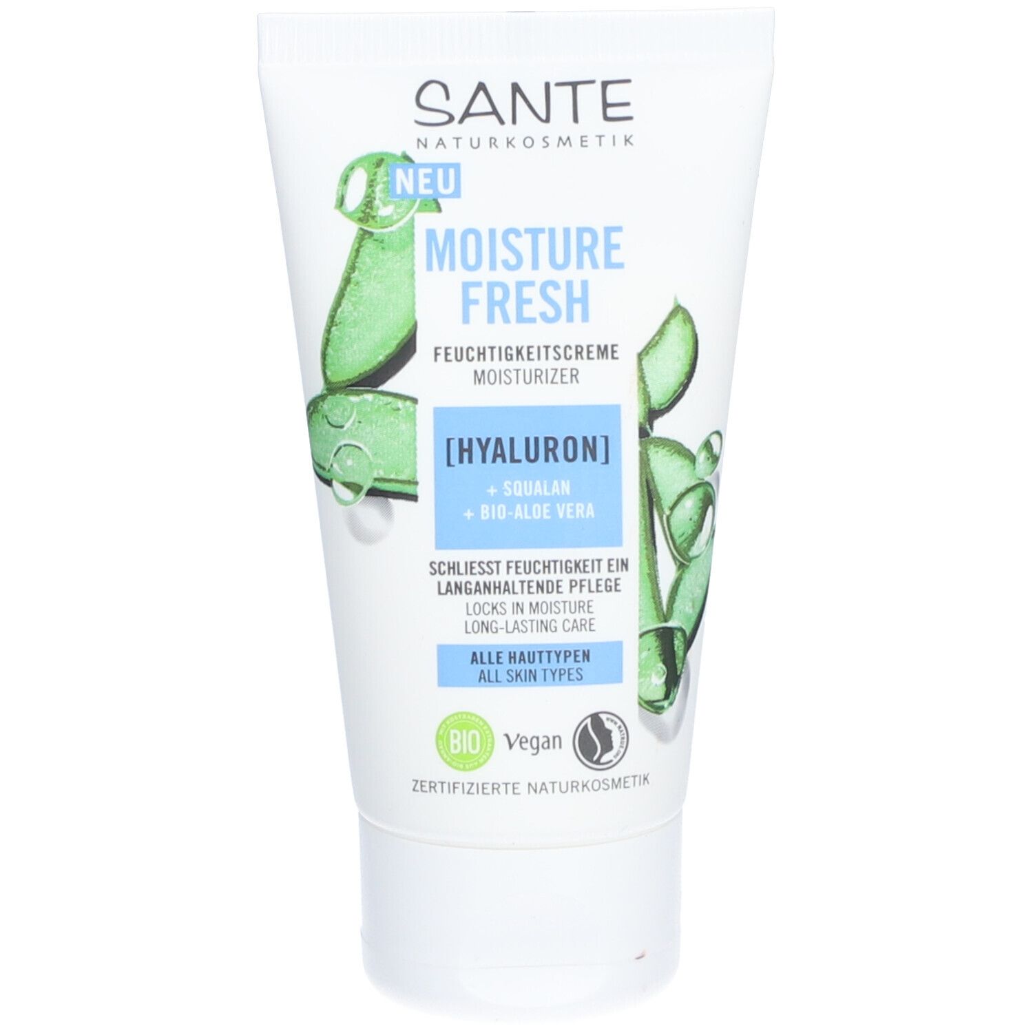 Tube blanc SANTE MOISTURE FRESH. Illustrations d'aloe vera. Texte : [HYALURON] + SQUALAN + BIO-ALOE VERA. Label Vegan.