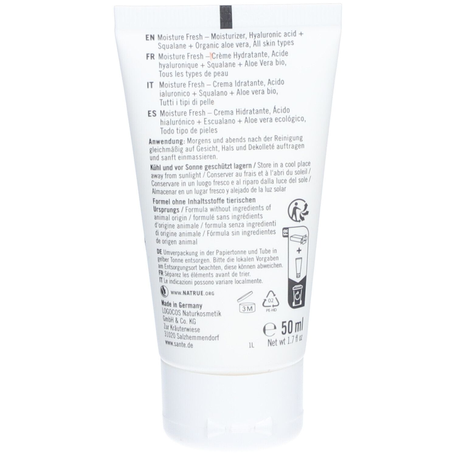 Dos du tube blanc SANTE MOISTURE FRESH. Texte multilingue. Ingrédients, instructions d'utilisation, symboles de recyclage, 50 ml.