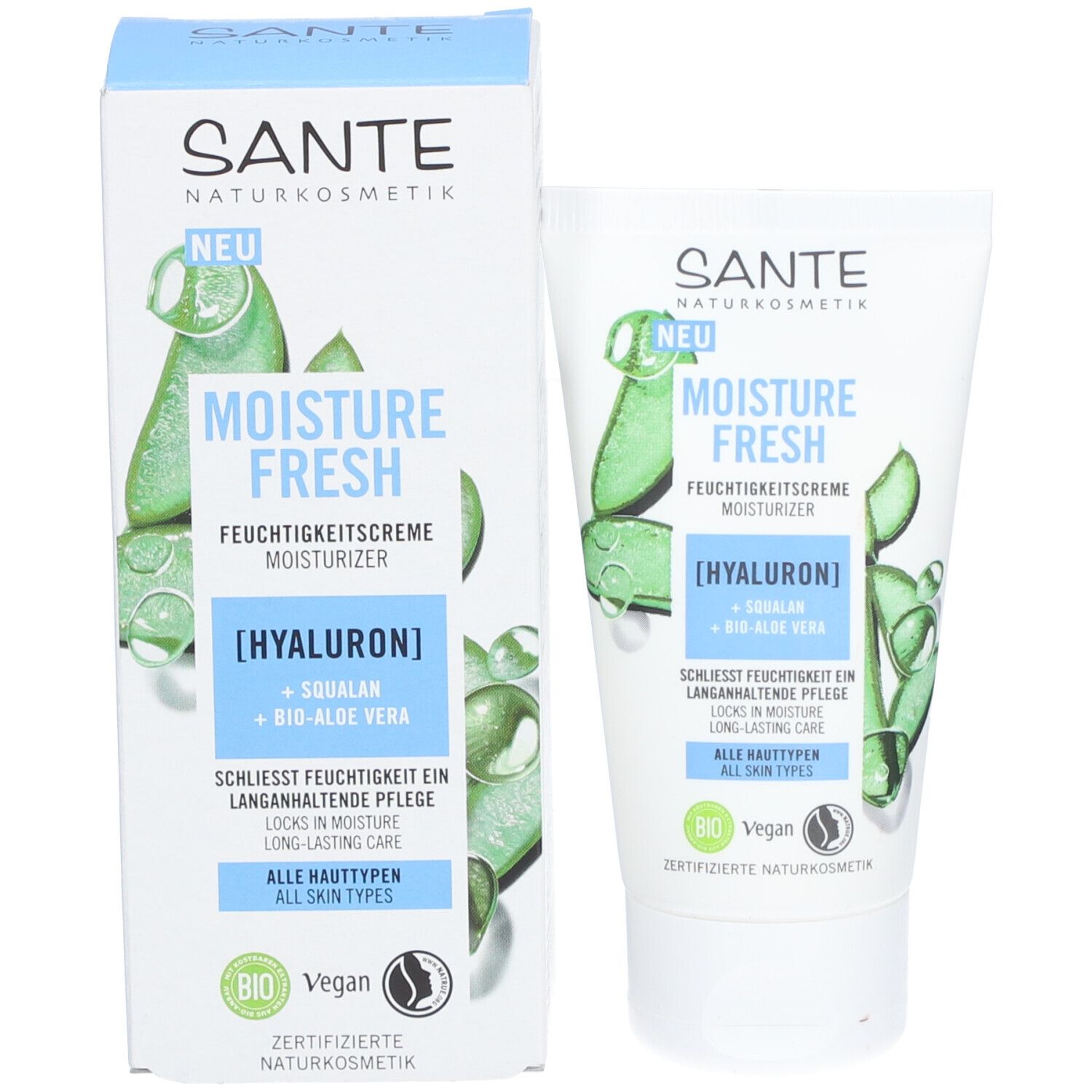 SANTE MOISTURE FRESH, tube et boîte. Illustrations d'aloe vera. Texte : [HYALURON] + SQUALAN + BIO-ALOE VERA. Label Vegan.