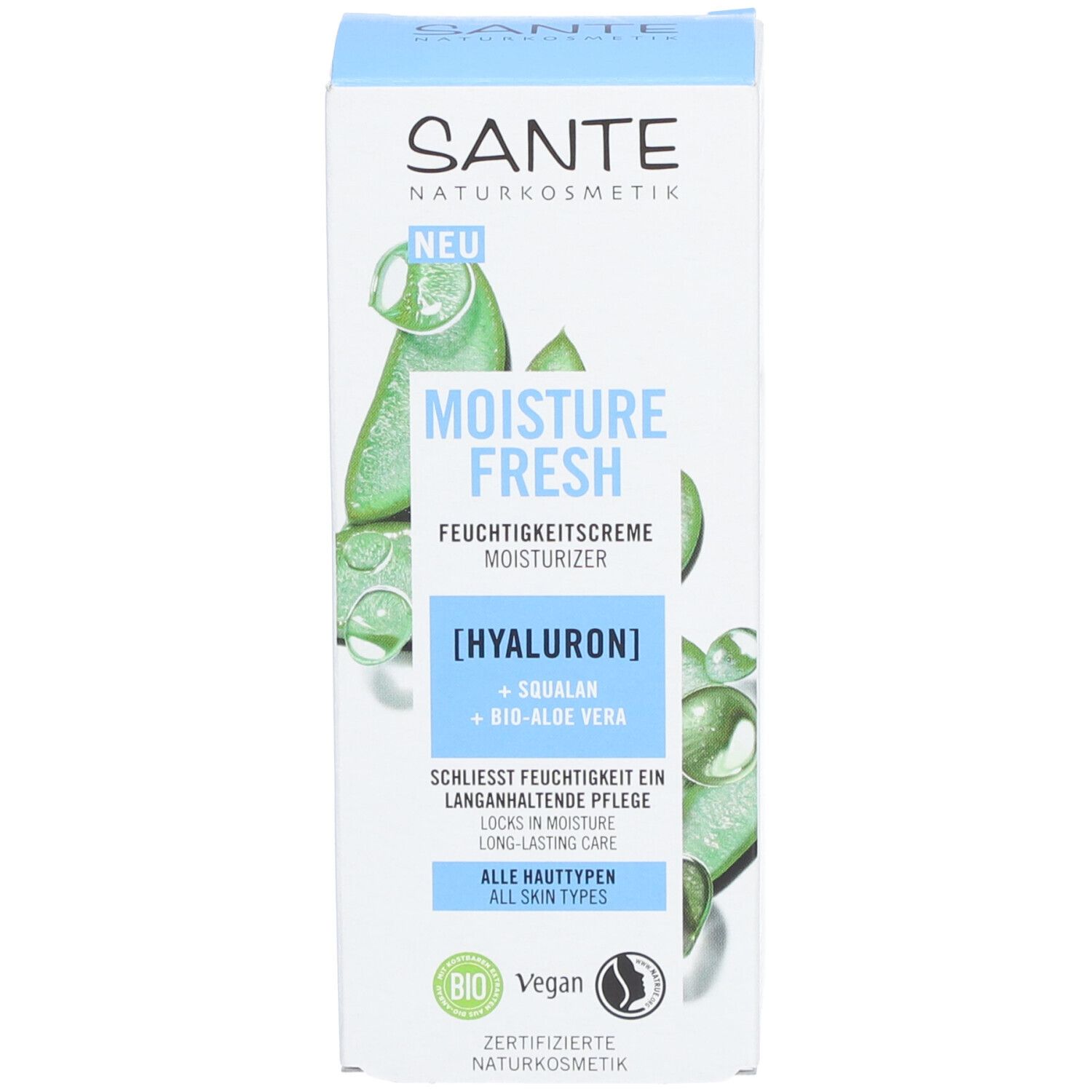 Boîte SANTE MOISTURE FRESH. Illustrations d'aloe vera. Texte : [HYALURON] + SQUALAN + BIO-ALOE VERA. Label Vegan.