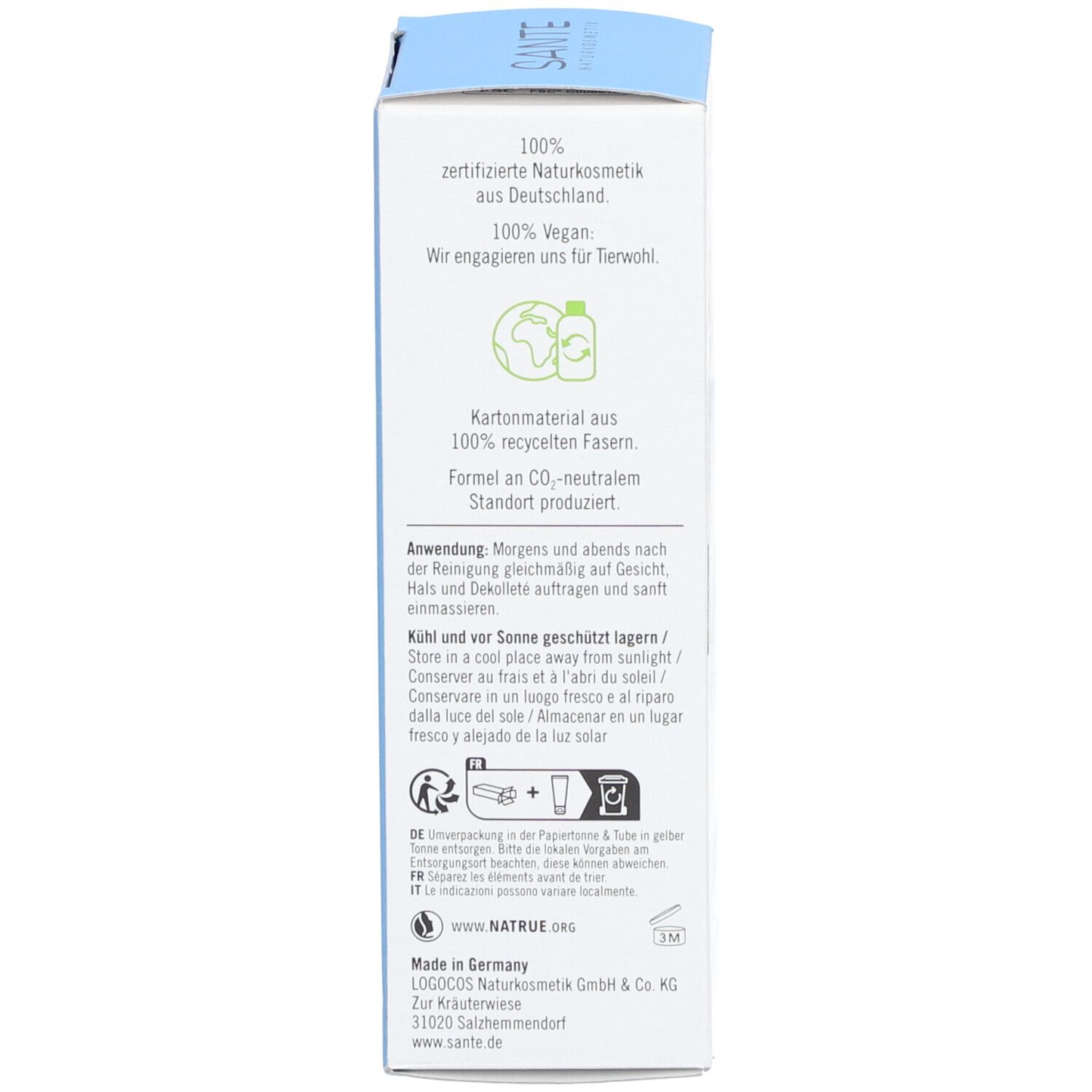 Dos de la boîte SANTE MOISTURE FRESH. Texte : 100% cosmétiques naturels certifiés, vegan. Informations de recyclage. Instructions d'utilisation.
