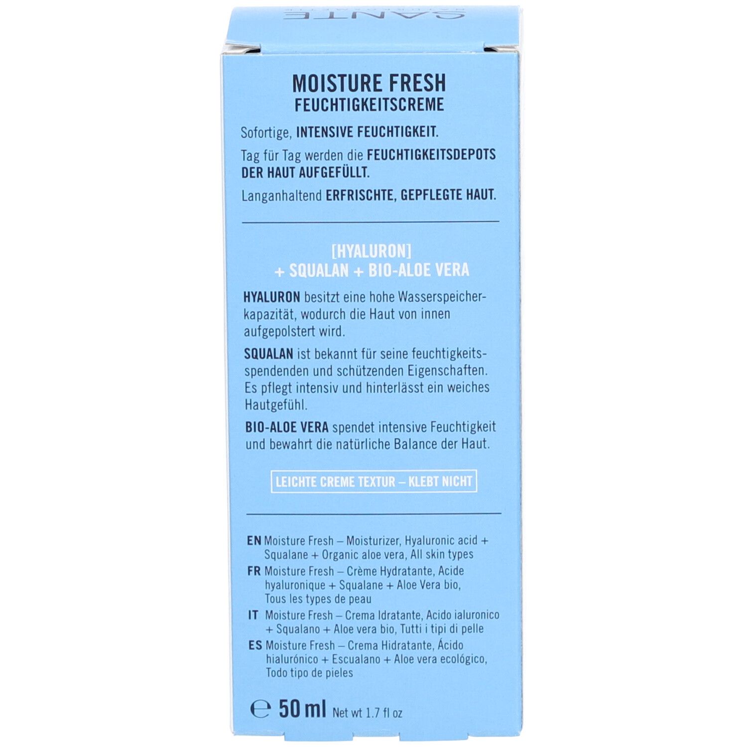 Côté de la boîte SANTE MOISTURE FRESH. Texte : Hydratation intense immédiate. [HYALURON] + SQUALAN + BIO-ALOE VERA. 50 ml.