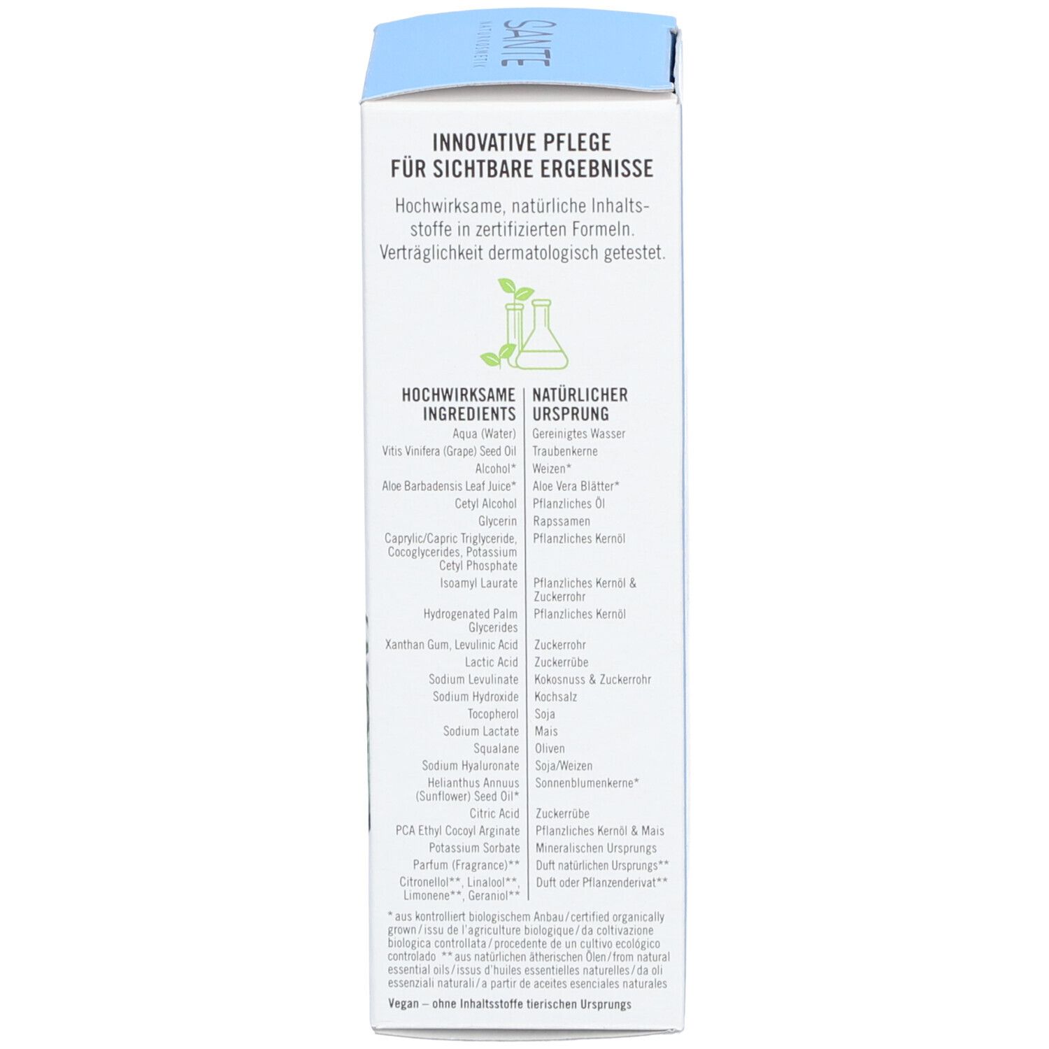 Côté de la boîte SANTE MOISTURE FRESH. Texte : Soin innovant pour des résultats visibles. Ingrédients. Label Vegan.