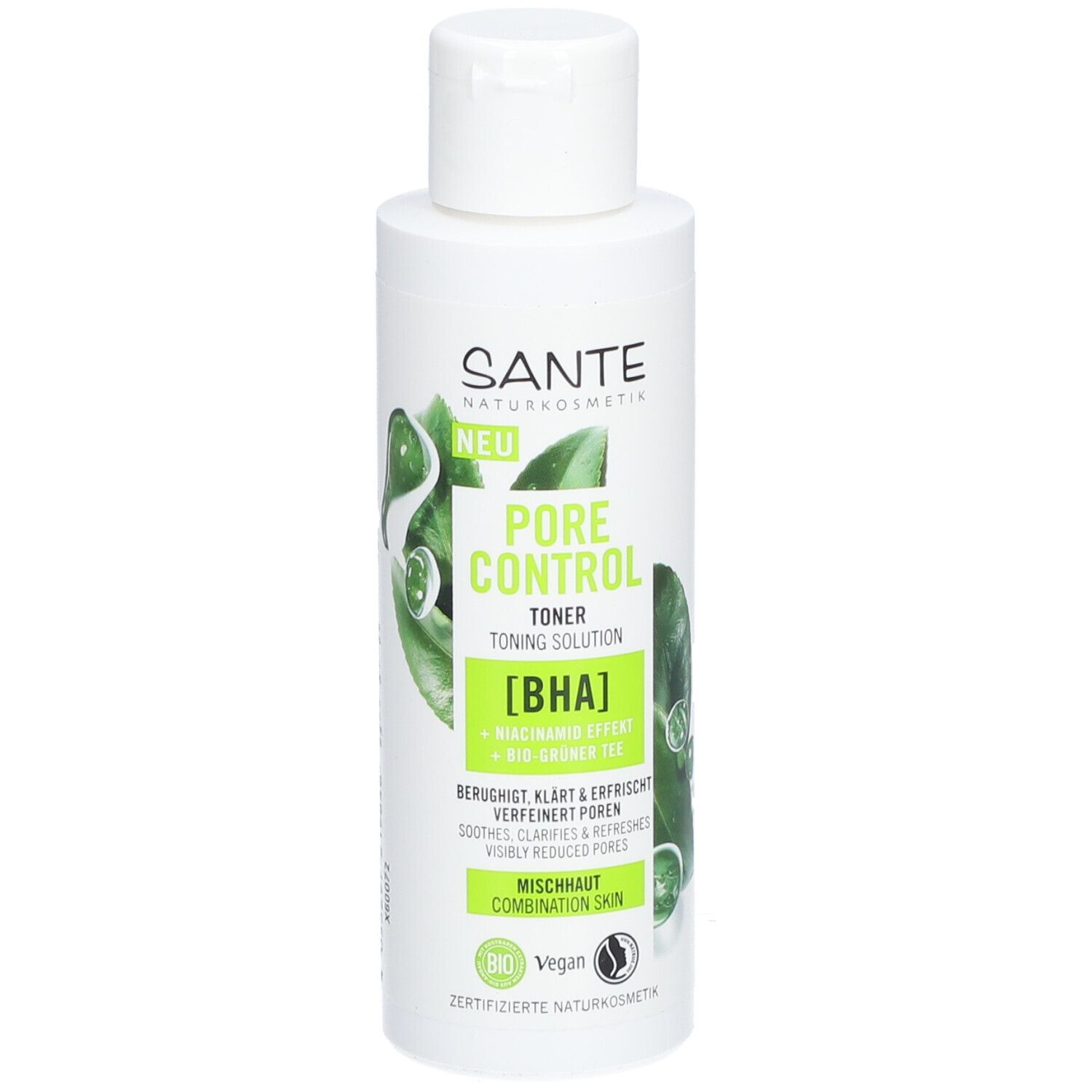Flacon blanc avec étiquette verte. Texte: SANTE, PORE CONTROL TONER [BHA]. Vegan, label bio. Peau mixte.