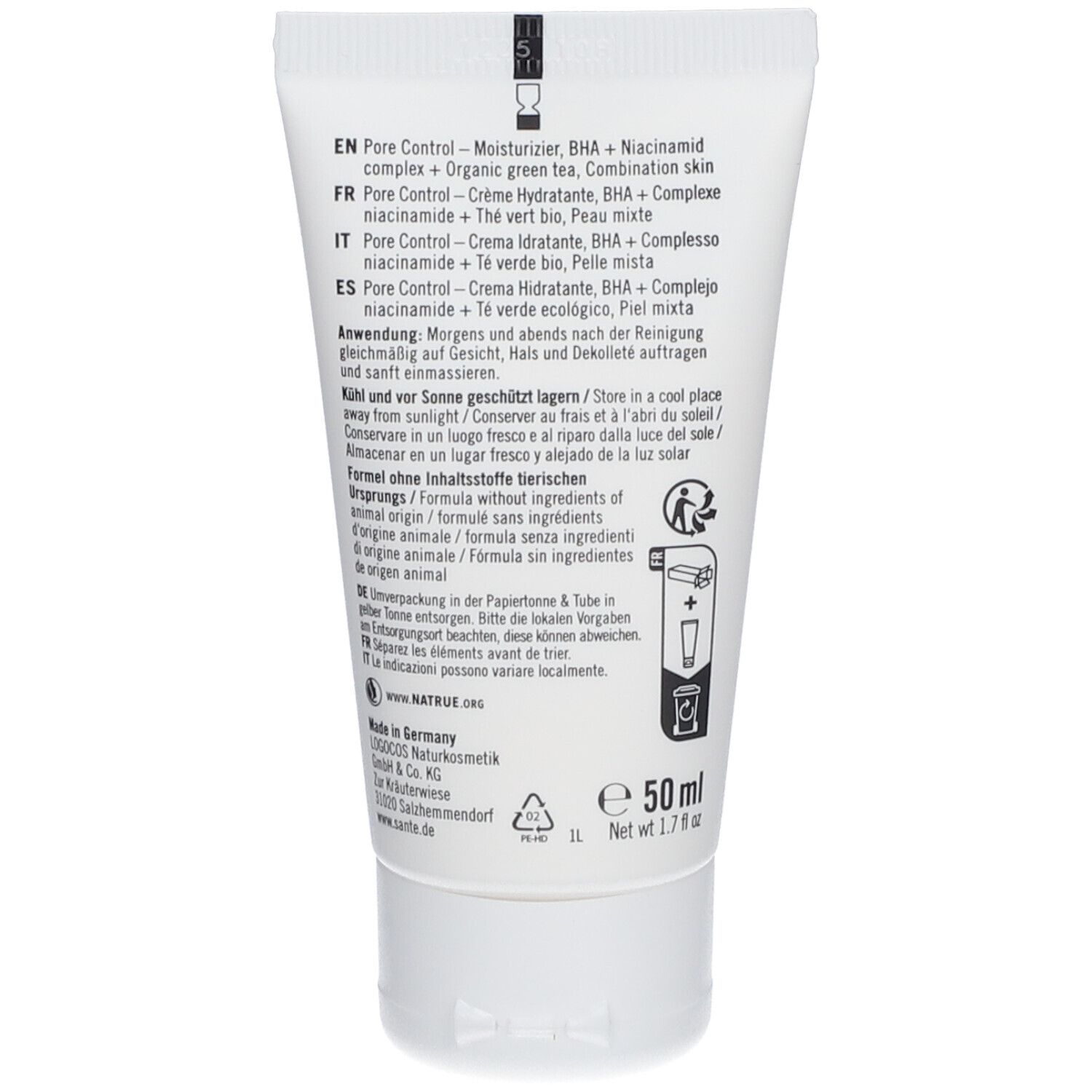Dos du tube. Texte multilingue : utilisation, ingrédients, stockage. 50 ml. Symboles vegan et recyclage.