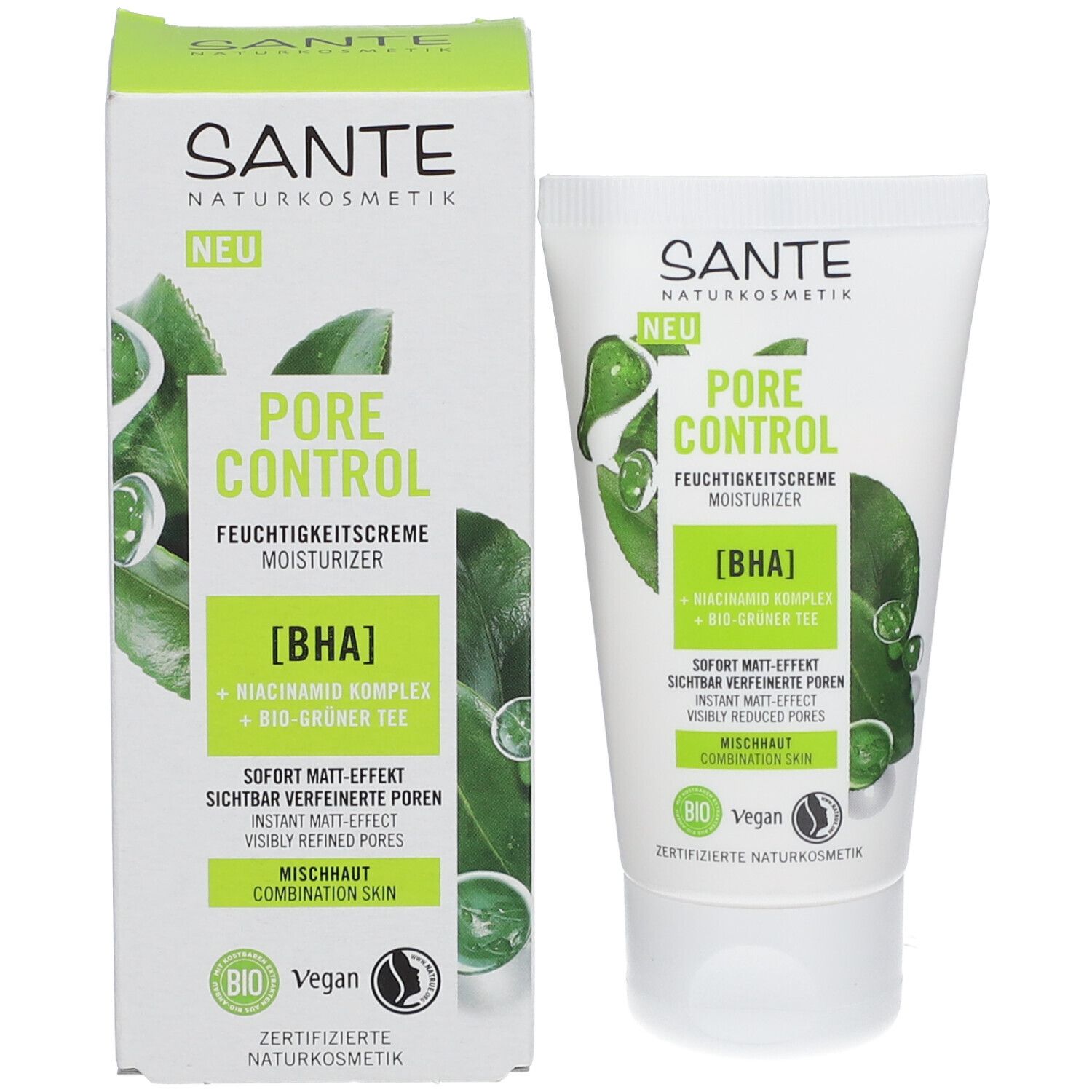 Emballage du produit. Tube et carton. Texte : PORE CONTROL, crème hydratante, BHA, peau mixte. Labels bio et vegan.