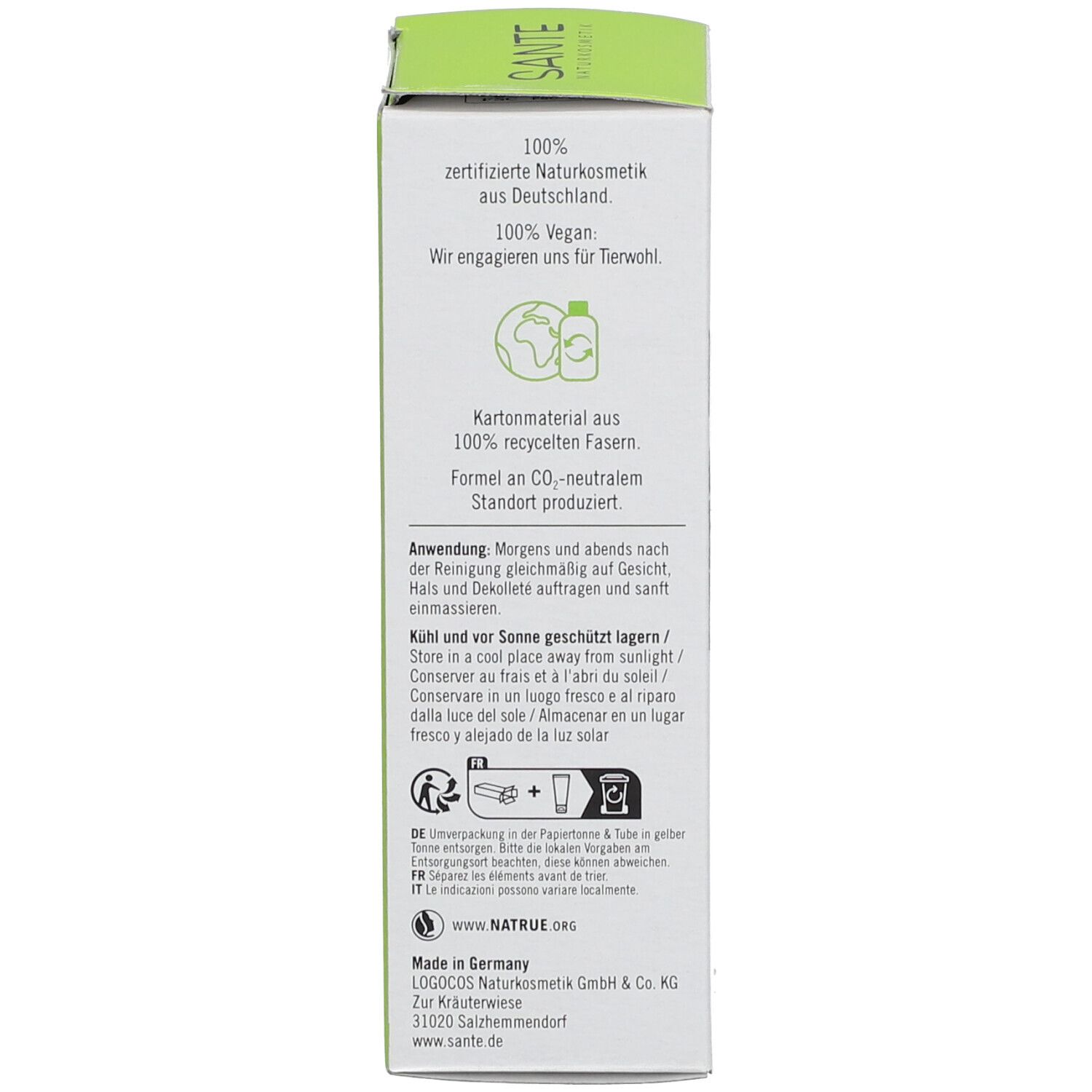 Côté du carton. Texte : 100% cosmétiques naturels certifiés, vegan. Symboles de recyclage et environnement. Fabriqué en Allemagne.