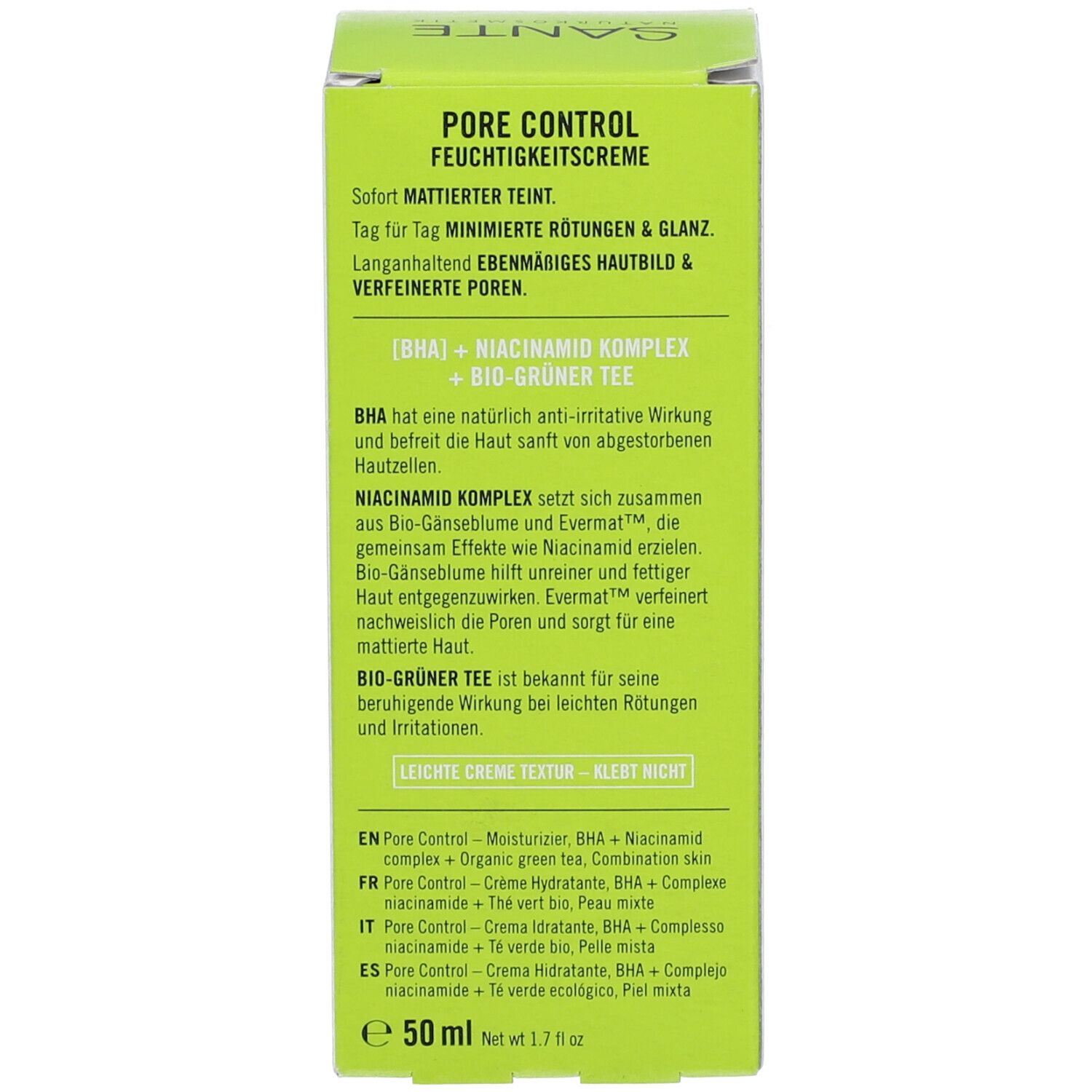 Côté du carton. Texte : PORE CONTROL, crème hydratante. Ingrédients, utilisation. 50 ml. Texte multilingue.
