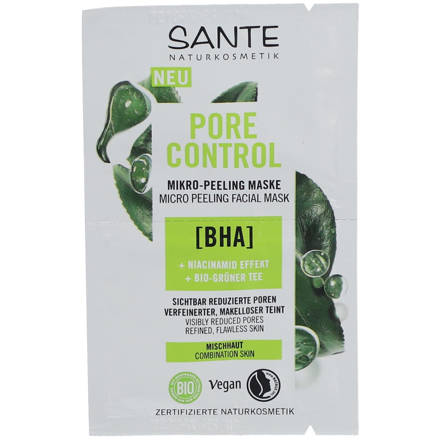 Sachet de masque facial SANTE PORE CONTROL. Design vert et blanc. Inscription : PORE CONTROL, [BHA], labels Bio et Vegan.