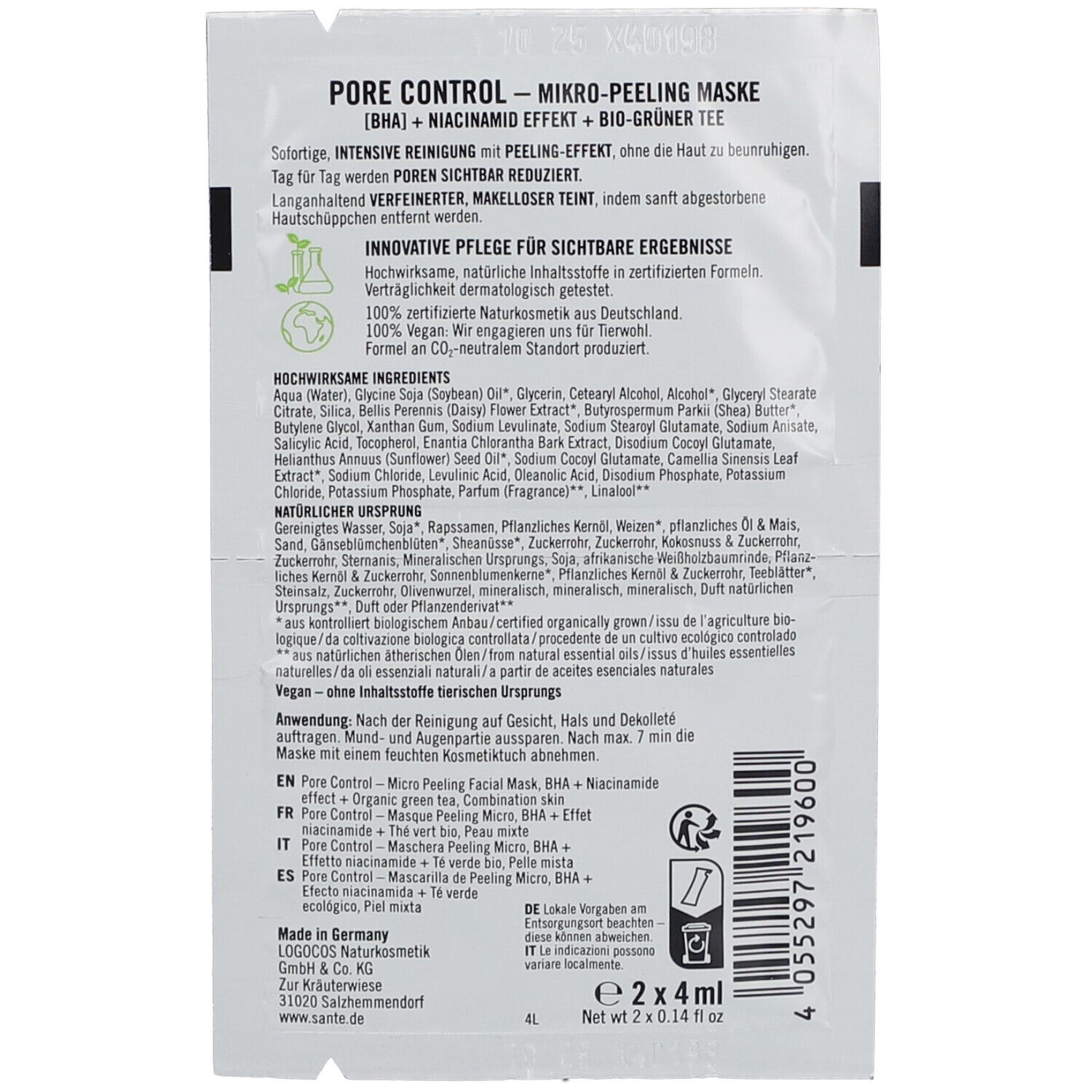 Dos du masque facial SANTE PORE CONTROL. Inscriptions : PORE CONTROL, ingrédients, mode d'emploi, labels Bio et Vegan. 2x4ml.