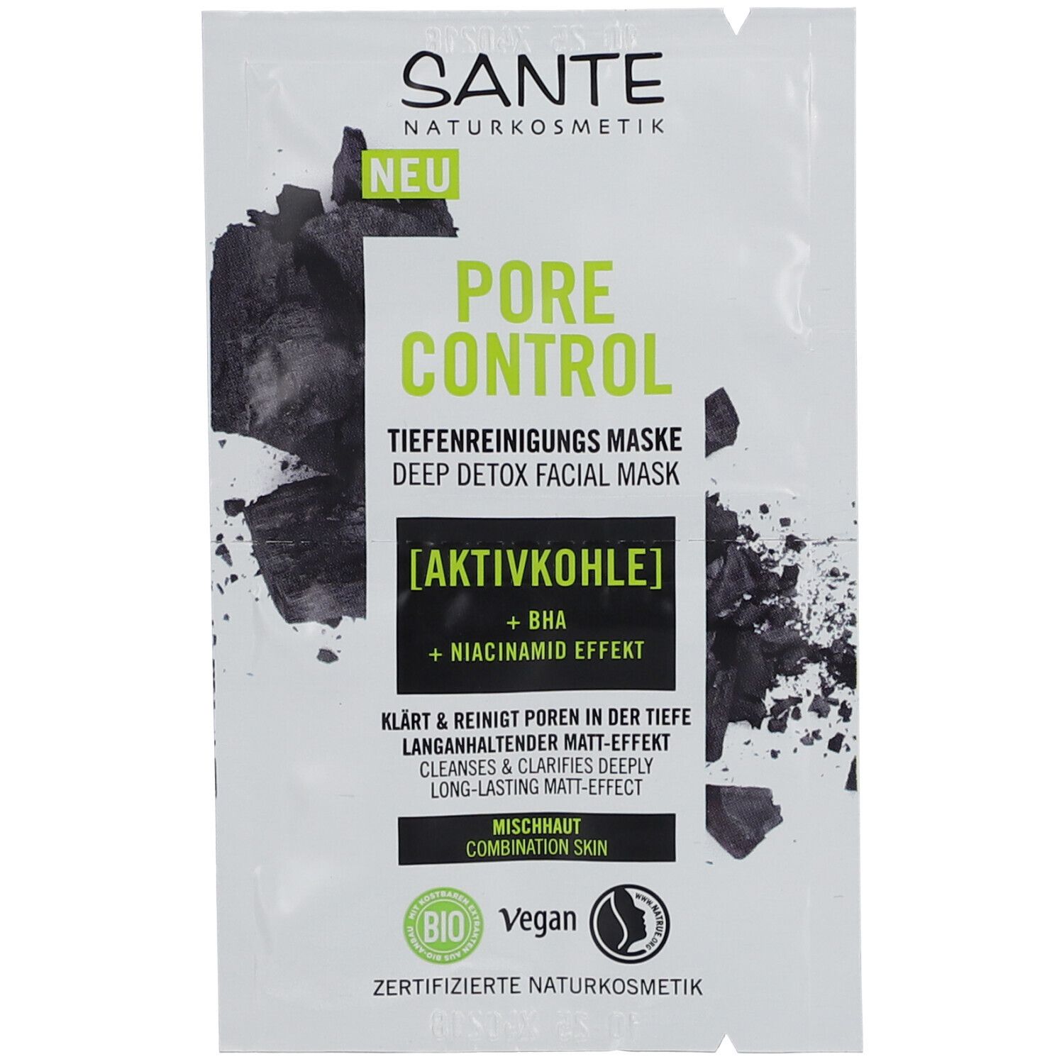 Masque facial SANTE PORE CONTROL à l'charbon actif. Emballage blanc avec informations et logo. Label "NEU".