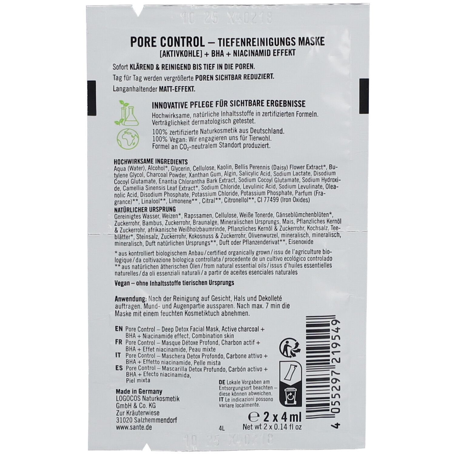 Dos du masque facial SANTE PORE CONTROL. Contient informations, ingrédients, instructions d'utilisation et logos.