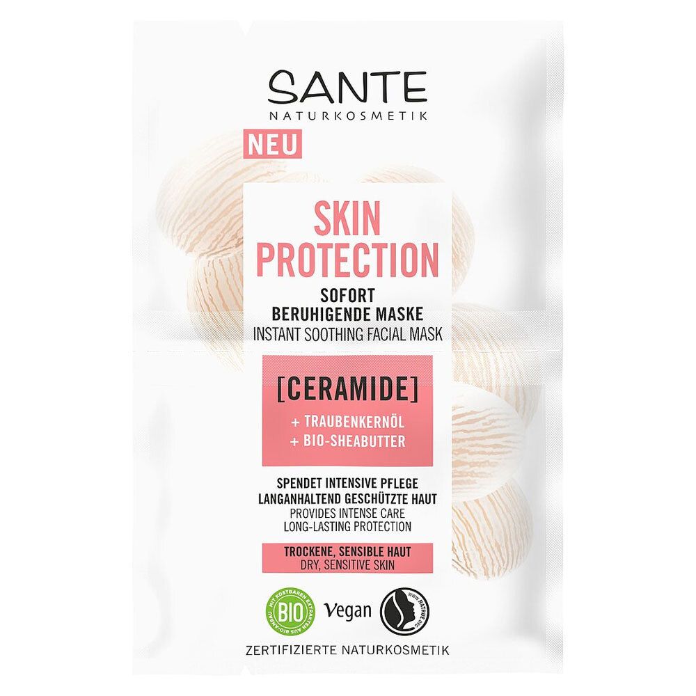 Sachet de masque SANTE Skin Protection. Texte: Masque apaisant instantané, Céramides, Bio, Vegan. Cosmétiques naturels certifiés.