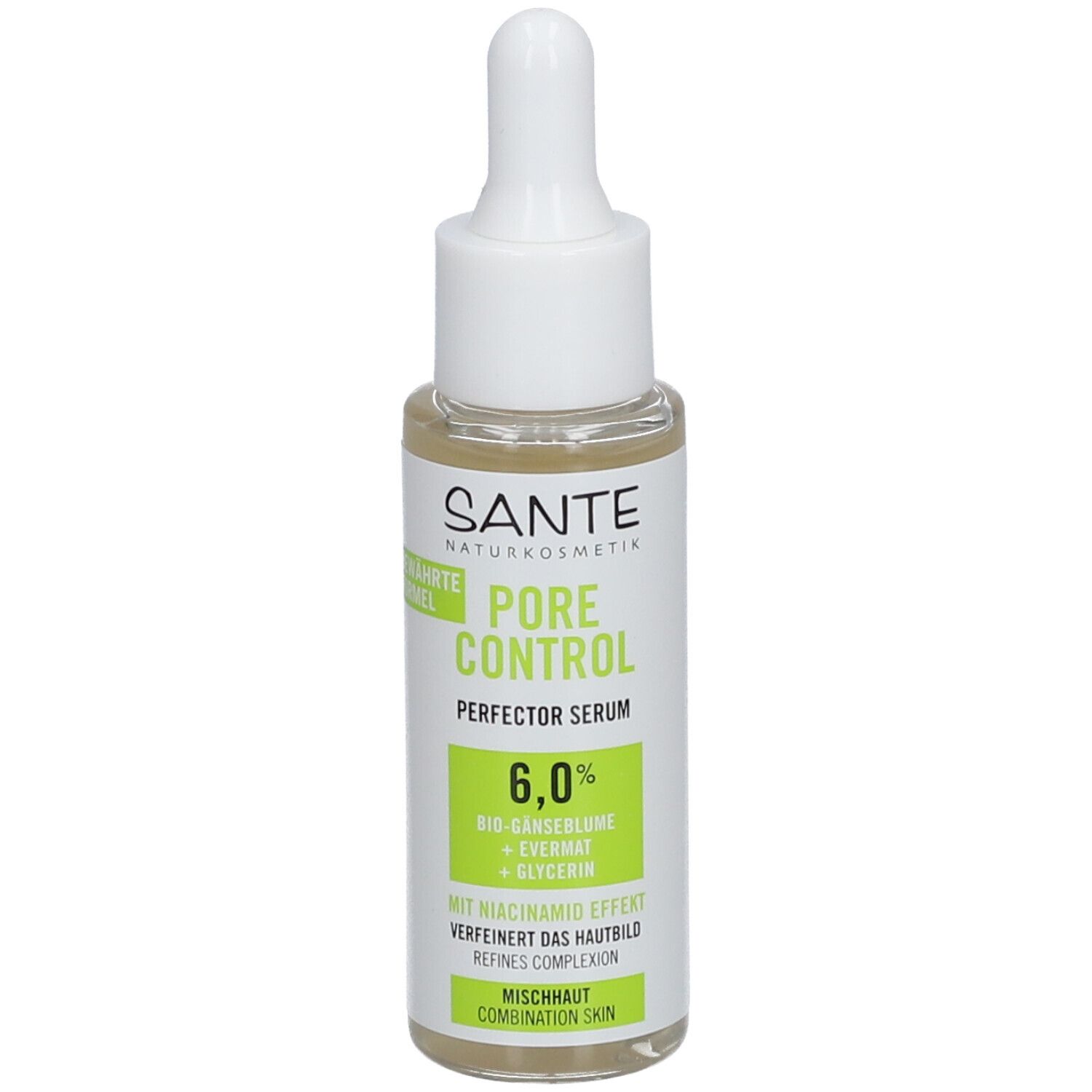 Flacon de sérum avec pipette. Inscription : SANTE, PORE CONTROL, 6,0%, peau mixte. Étiquette verte et blanche.