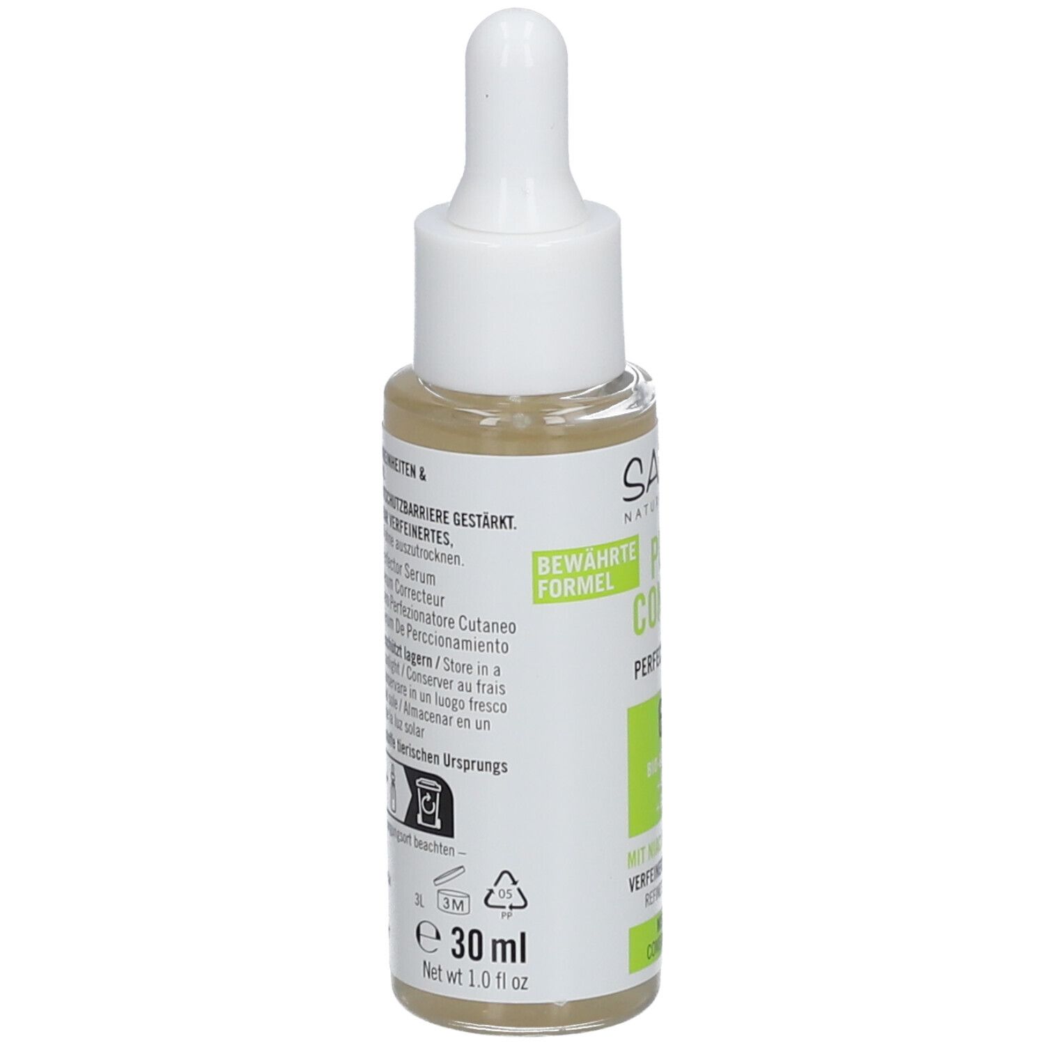 Flacon de sérum avec pipette. Inscription : SANTE, PORE CONTROL. Dos avec texte et symboles. 30 ml.
