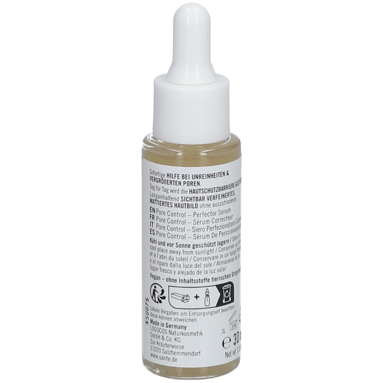 Flacon de sérum avec pipette. Dos avec texte. Inscription : EN Pore Control Serum, 30 ml. Vegan.