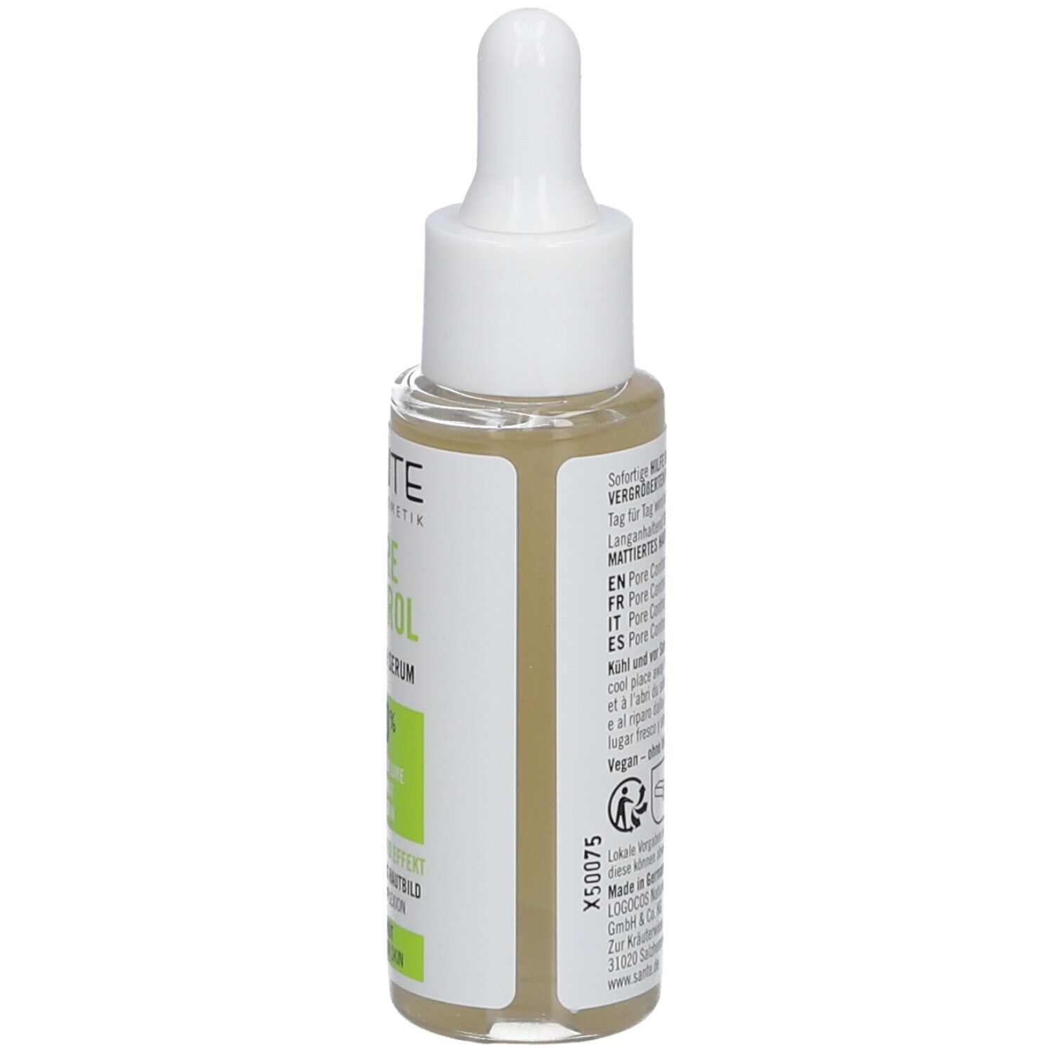 Flacon de sérum avec pipette. Inscription : SANTE, PORE CONTROL. Étiquettes vertes et blanches. Vegan.