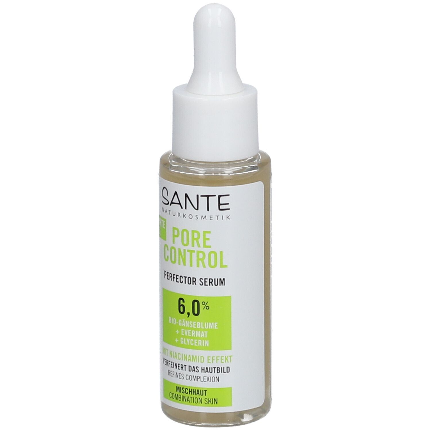 Flacon de sérum avec pipette. Inscription : SANTE, PORE CONTROL, 6,0%, peau mixte. Étiquette verte et blanche.