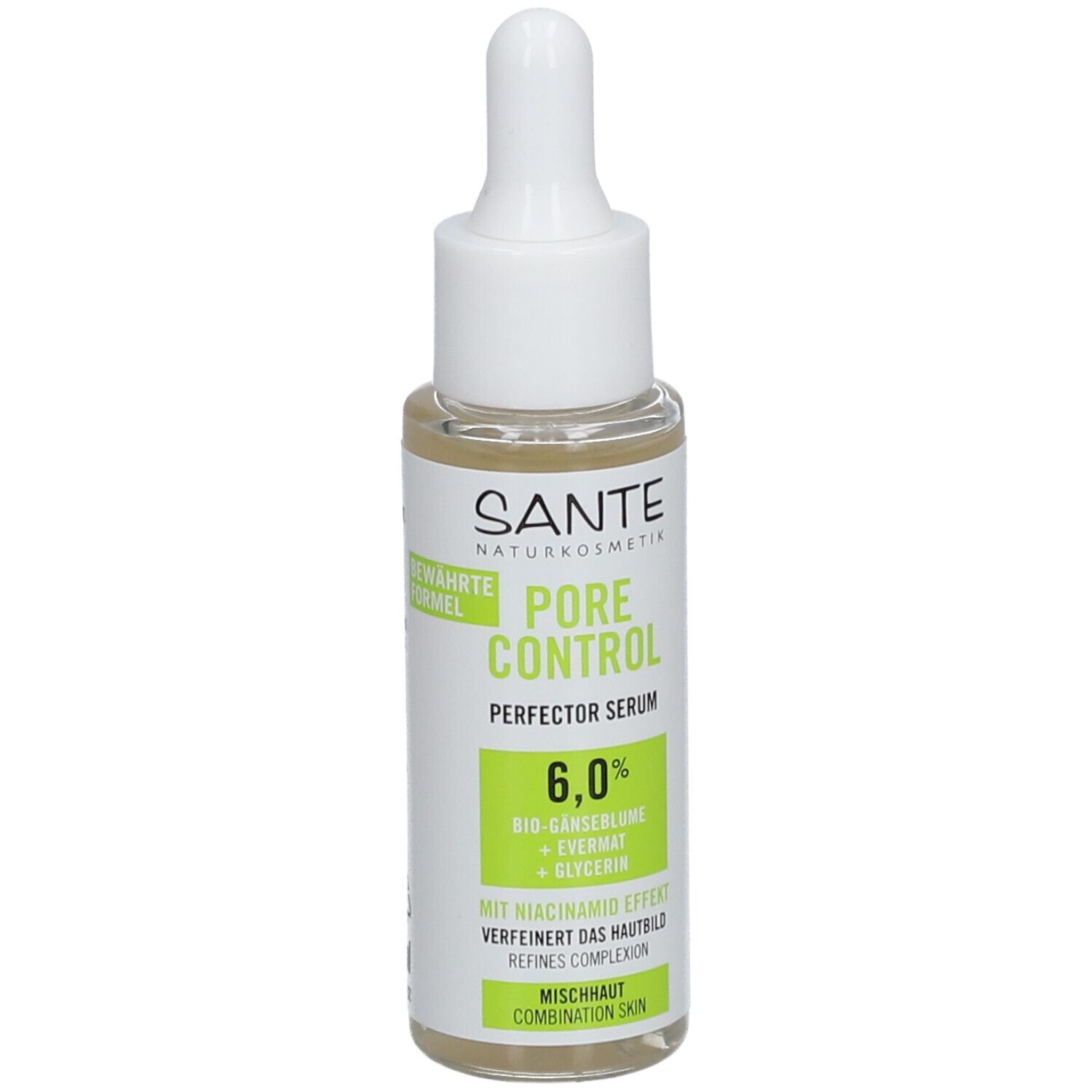 Flacon de sérum avec pipette. Inscription : SANTE, PORE CONTROL, 6,0%, peau mixte. Étiquette verte et blanche.