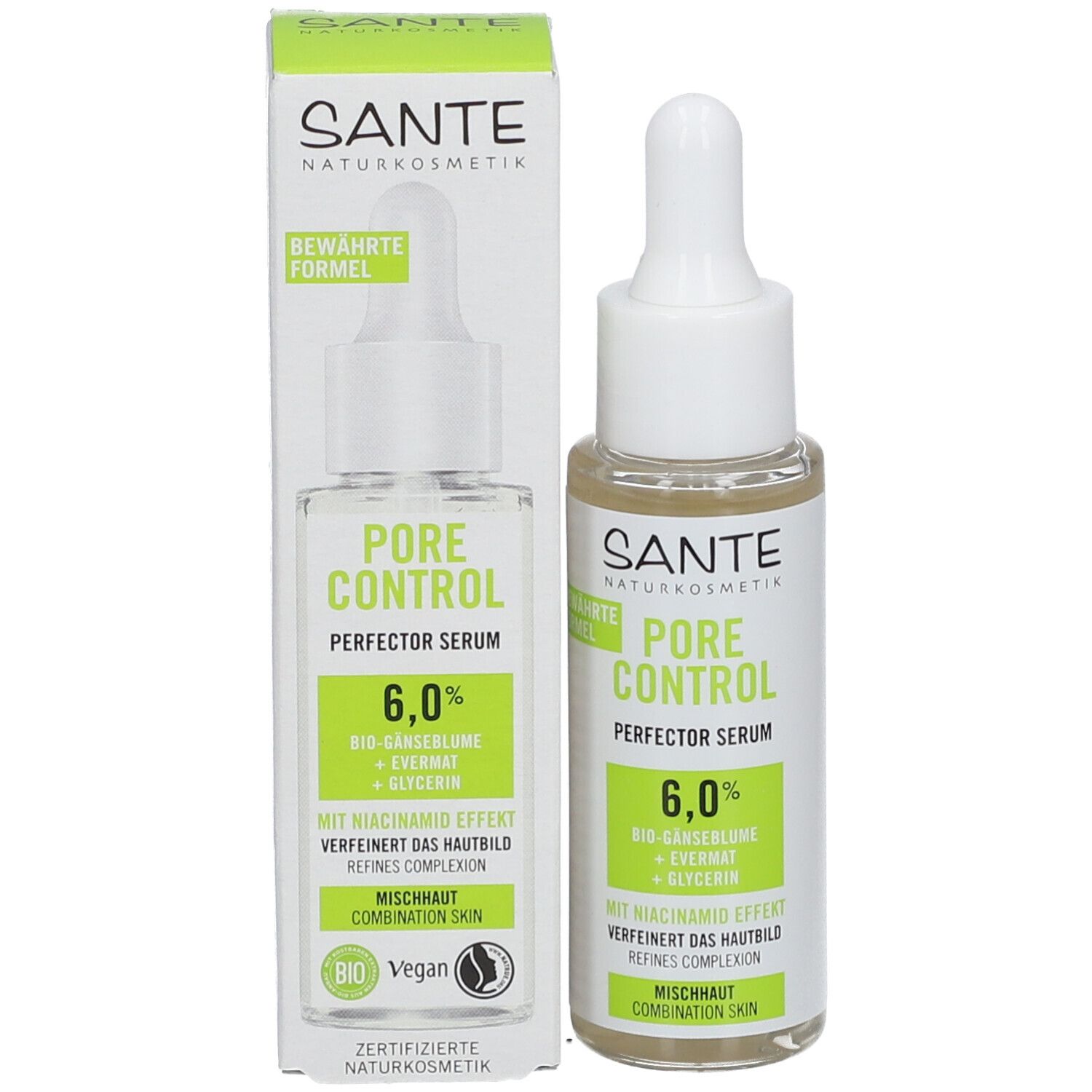 Produit avec emballage. Flacon de sérum et carton. Inscription : SANTE, PORE CONTROL, 6,0%, peau mixte. Label bio.