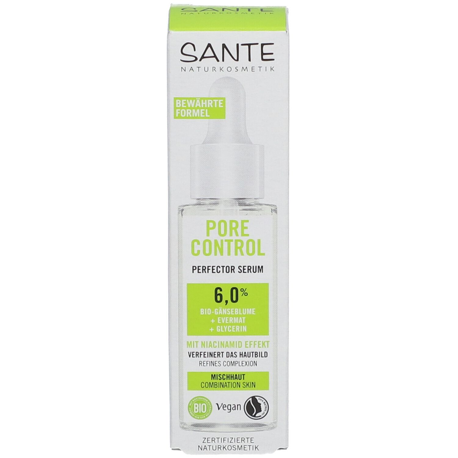 Produit avec emballage. Flacon de sérum et carton. Inscription : SANTE, PORE CONTROL, peau mixte. Label bio.