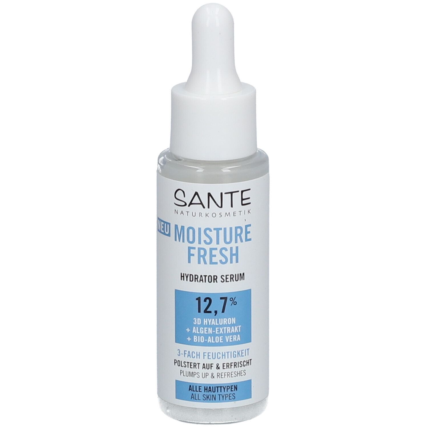 Flacon de sérum avec pipette. Inscription : SANTE Naturkosmetik, Moisture Fresh Hydrator Serum, 12,7%, 3D Hyaluron, Extrait d'algues, Bio-Aloe Vera.