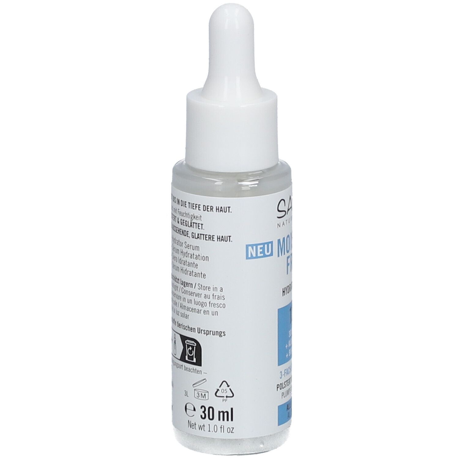 Flacon de sérum avec pipette. Inscription : SANTE Naturkosmetik, Moisture Fresh Hydrator Serum. Dos avec texte et symboles.