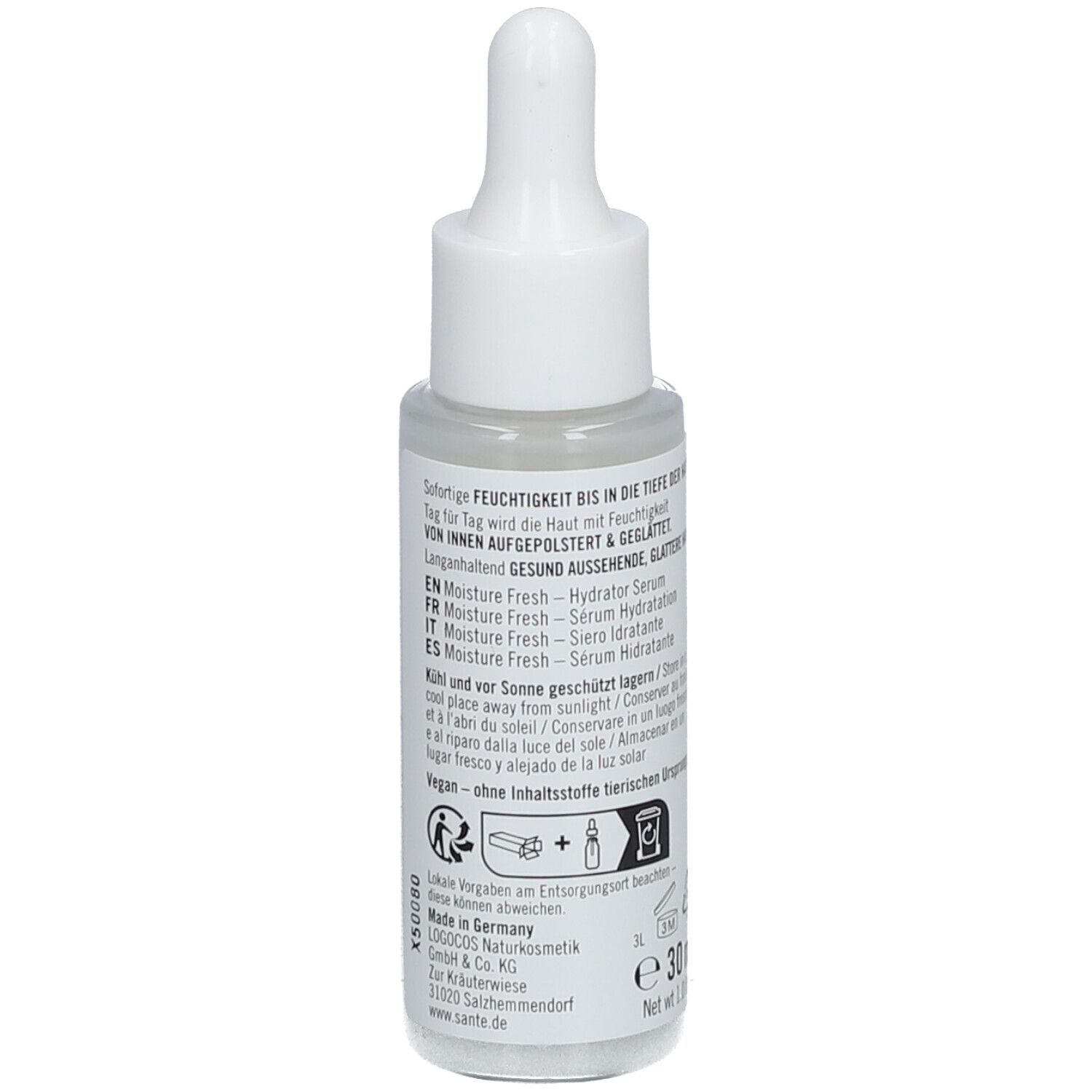 Flacon de sérum avec pipette. Inscription : SANTE Naturkosmetik, Moisture Fresh Hydrator Serum. Dos avec texte et symboles.