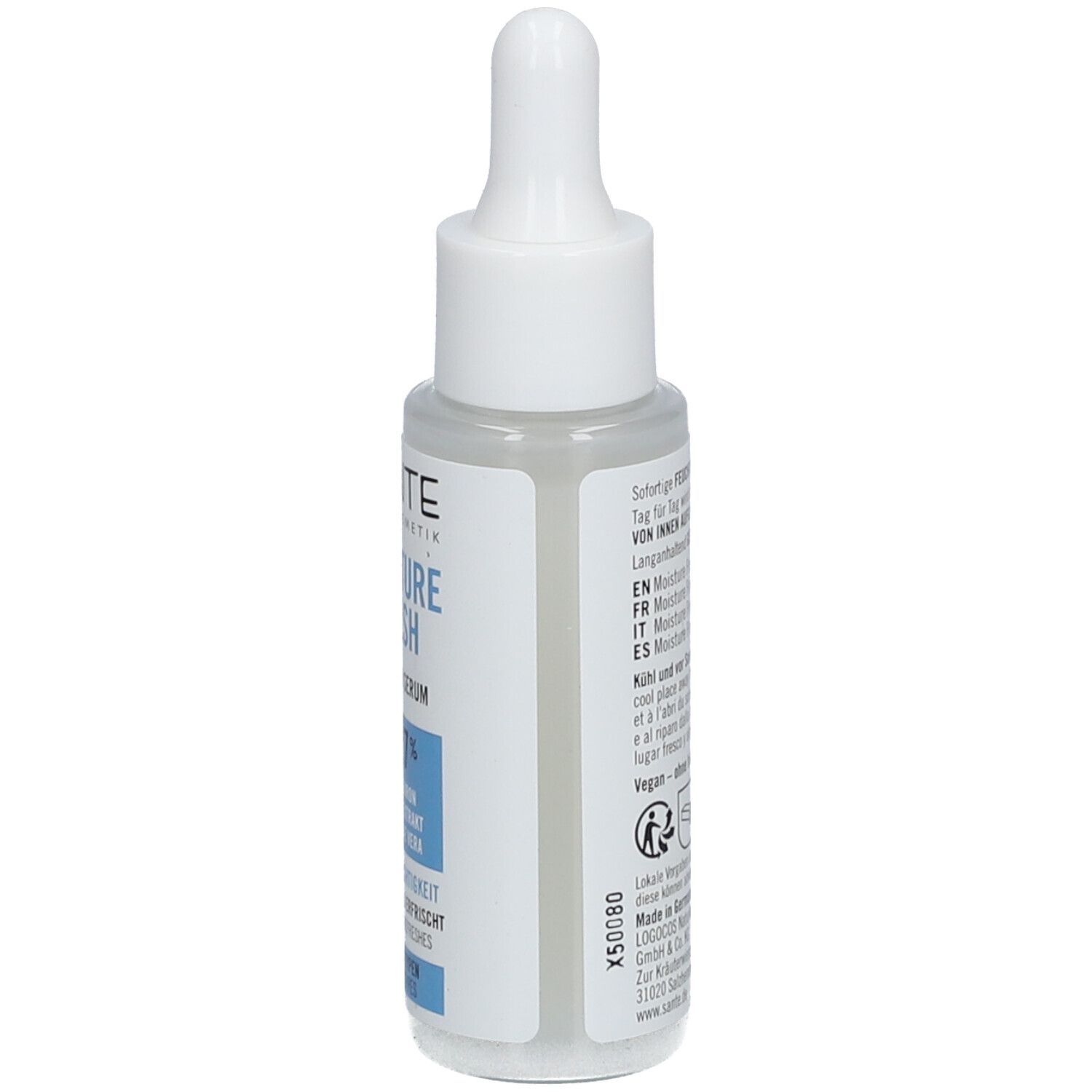 Flacon de sérum avec pipette. Inscription : SANTE Naturkosmetik, Moisture Fresh Hydrator Serum. Dos avec texte et symboles.