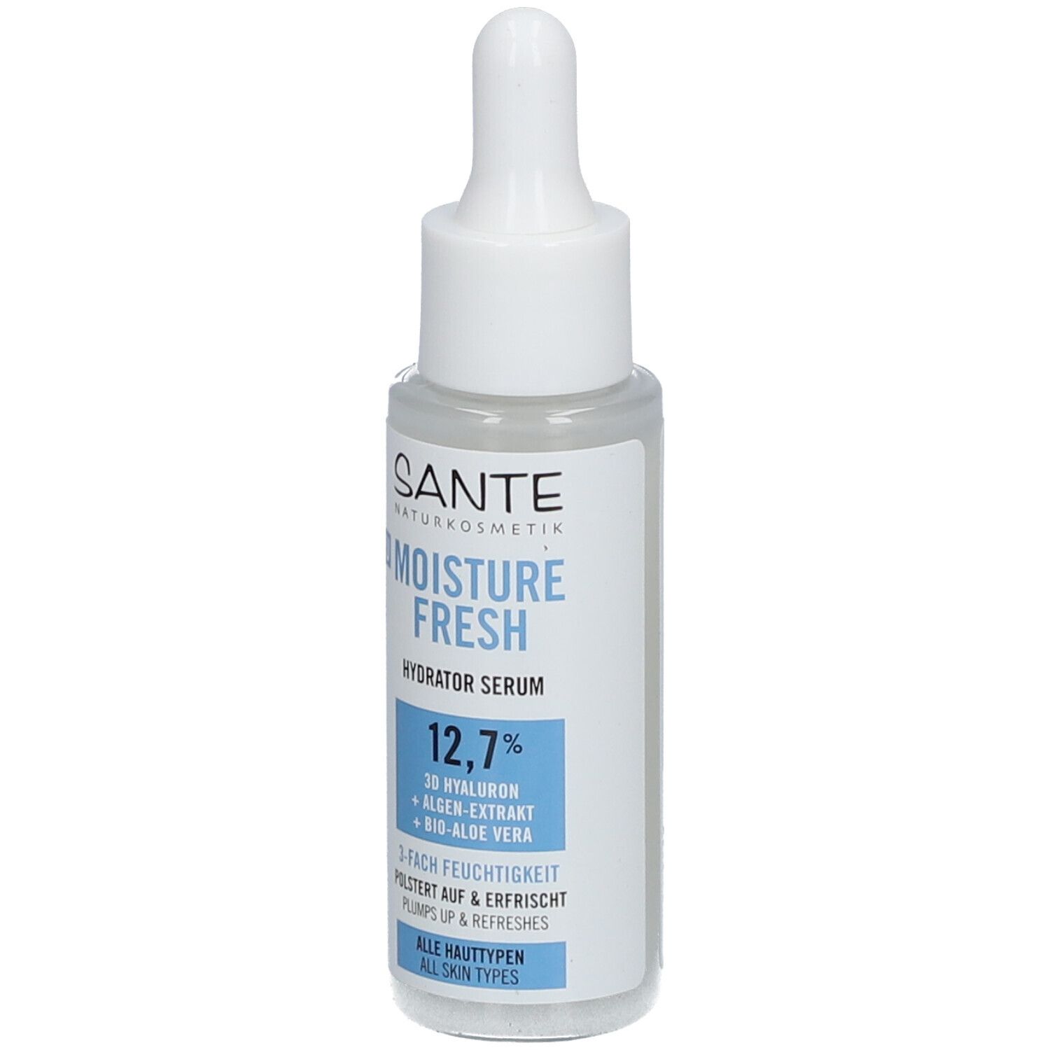 Flacon de sérum avec pipette. Inscription : SANTE Naturkosmetik, Moisture Fresh Hydrator Serum, 12,7%, 3D Hyaluron, Extrait d'algues, Bio-Aloe Vera.