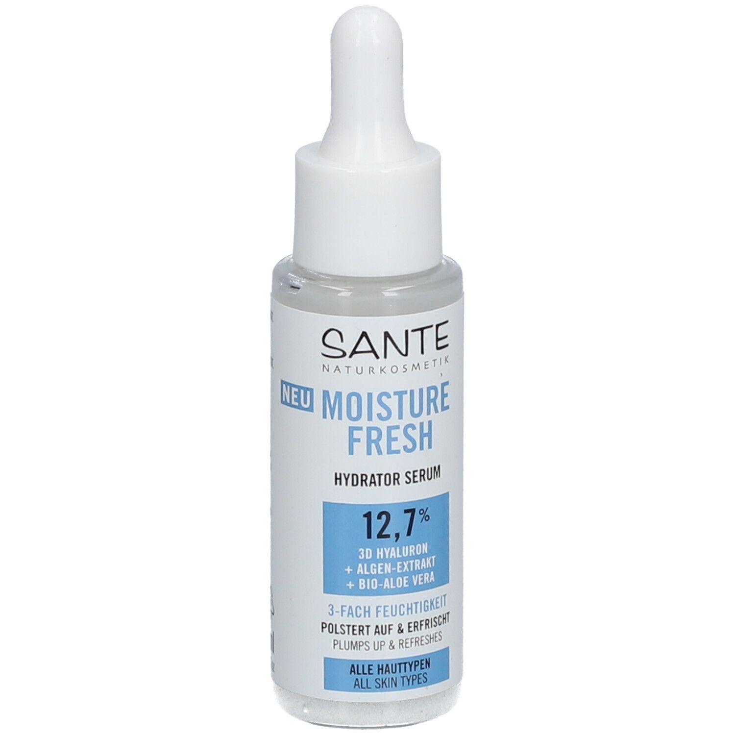 Flacon de sérum avec pipette. Inscription : SANTE Naturkosmetik, Moisture Fresh Hydrator Serum, 12,7%, 3D Hyaluron, Extrait d'algues, Bio-Aloe Vera.