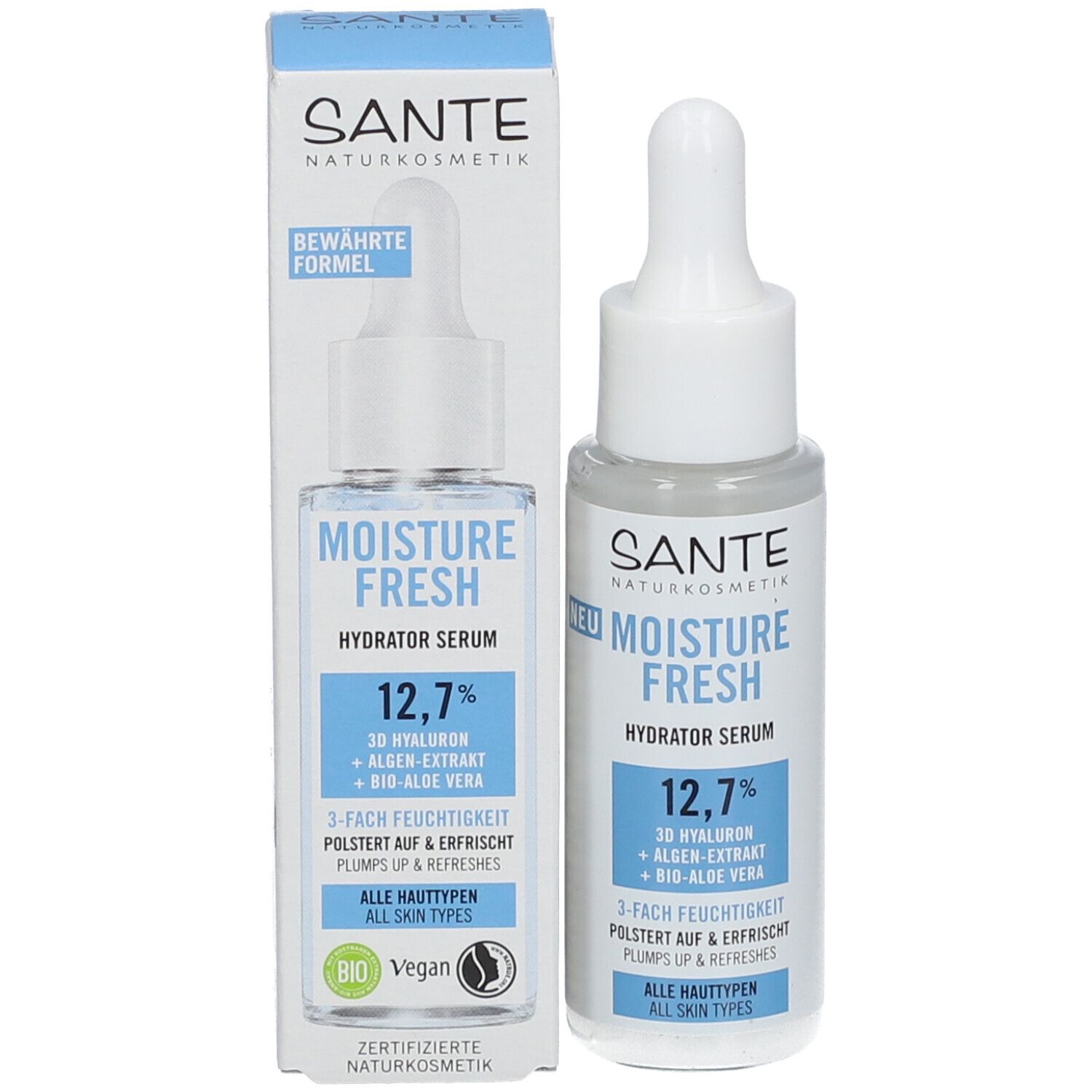 Emballage du produit et flacon de sérum. Inscription : SANTE Naturkosmetik, Moisture Fresh Hydrator Serum, 12,7%, 3D Hyaluron, Extrait d'algues, Bio-Aloe Vera.