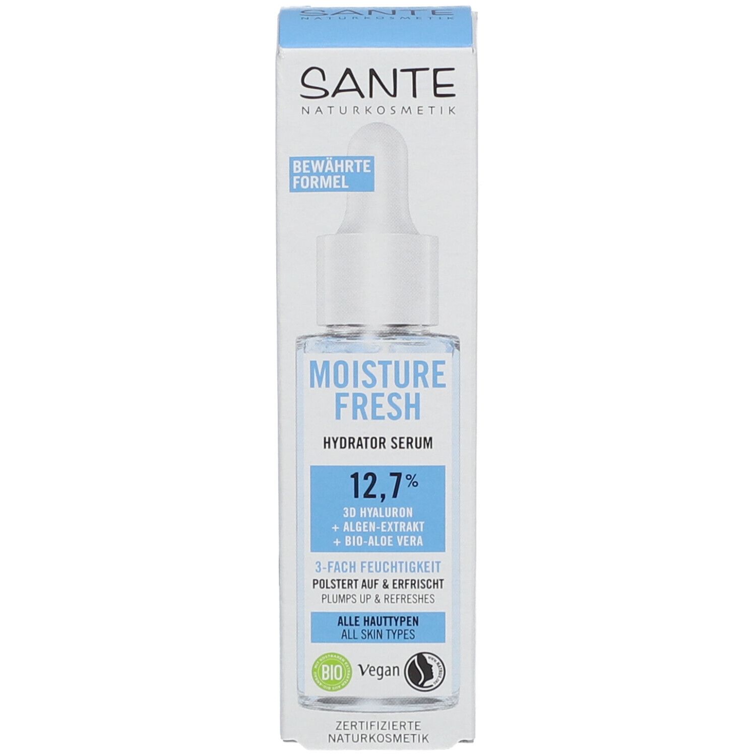 Emballage du produit et flacon de sérum. Inscription : SANTE Naturkosmetik, Moisture Fresh Hydrator Serum, 12,7%, 3D Hyaluron, Extrait d'algues, Bio-Aloe Vera.
