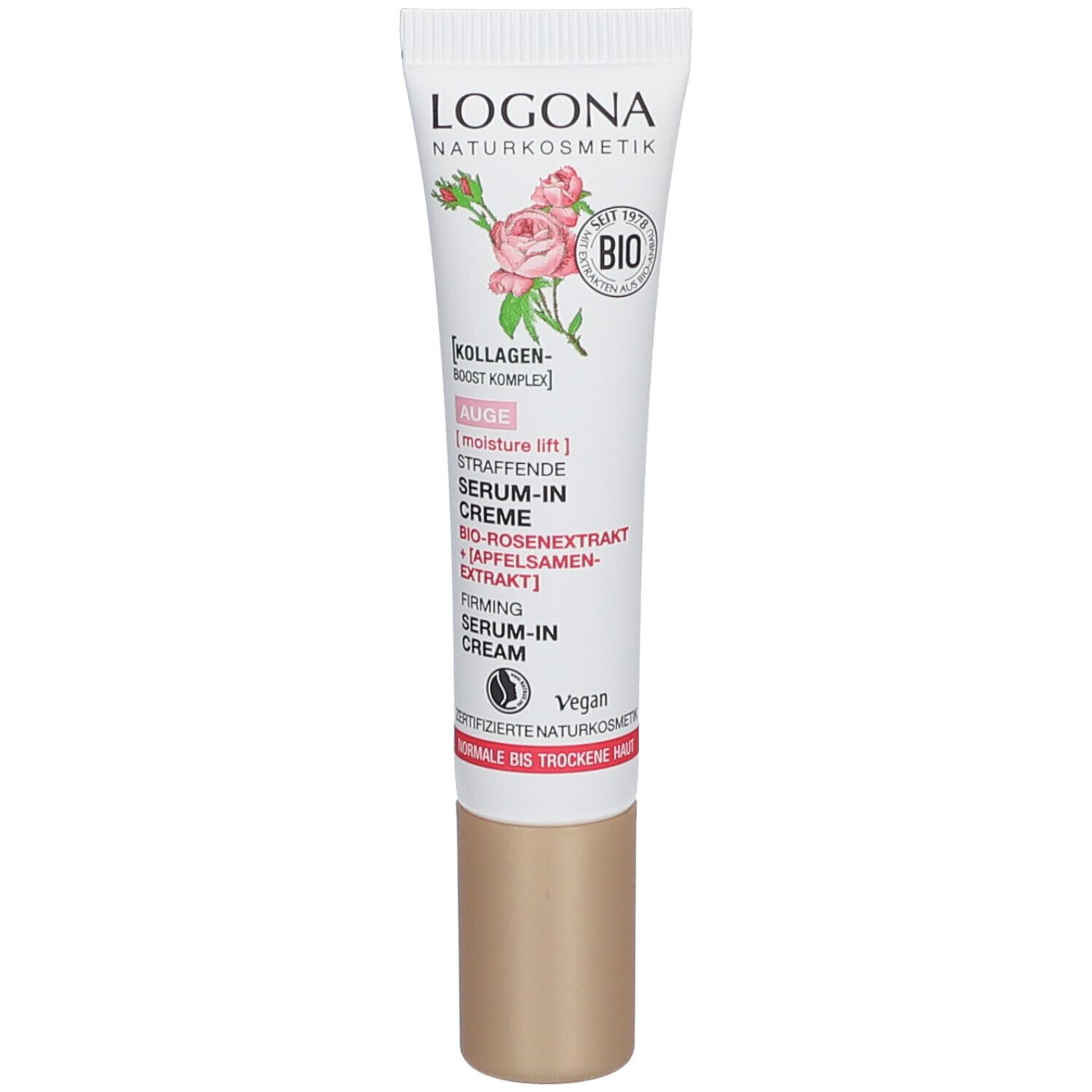 Tube de crème LOGONA avec illustration de rose et label BIO. Nom du produit : Sérum-en-crème pour les yeux. Bouchon doré.
