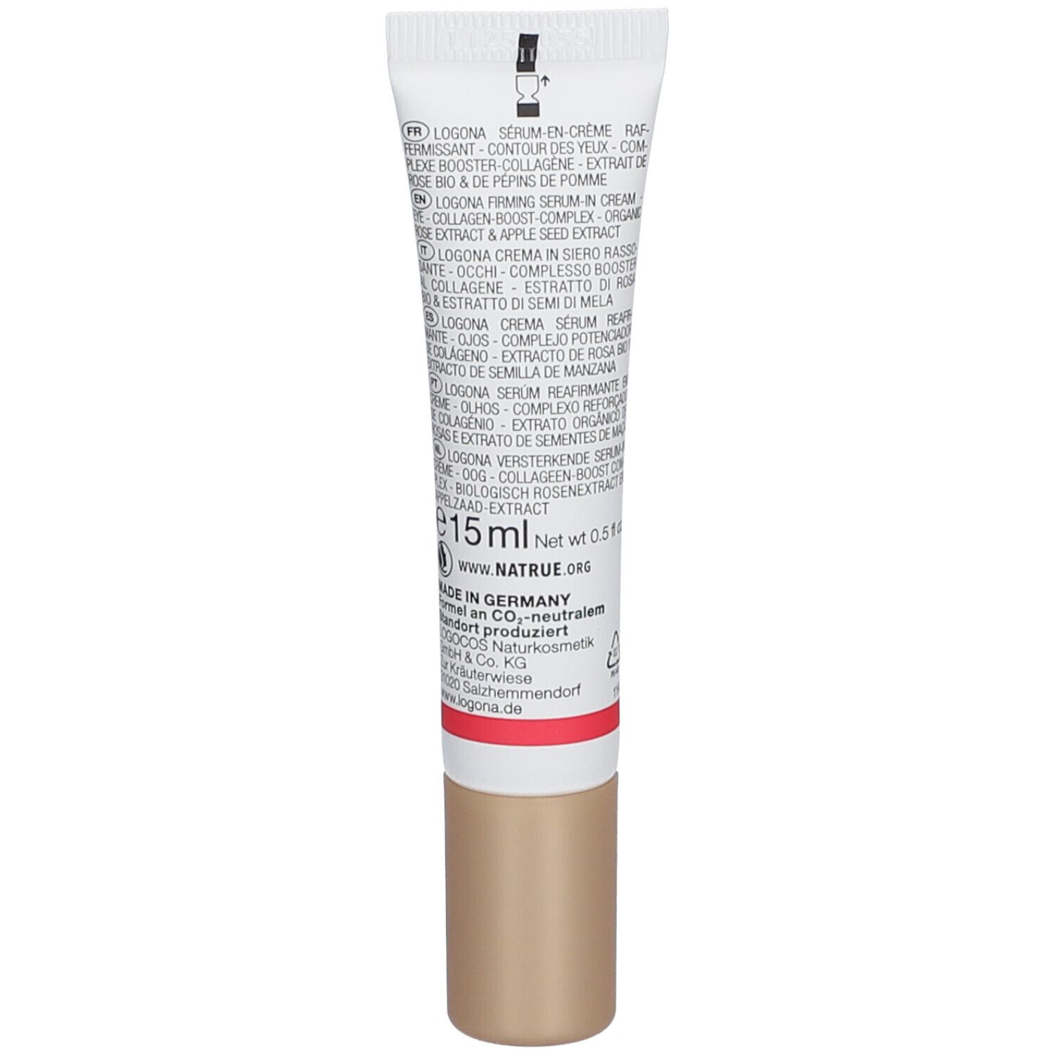 Dos du tube de crème avec texte. Contient des informations sur les ingrédients, le fabricant et les certifications. 15 ml.