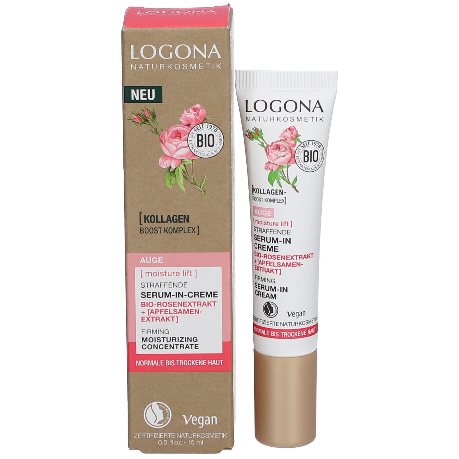 Produit et emballage. Tube et carton avec logo LOGONA, rose et label BIO. Nom du produit : Sérum-en-crème pour les yeux. Étiquette Nouveau.