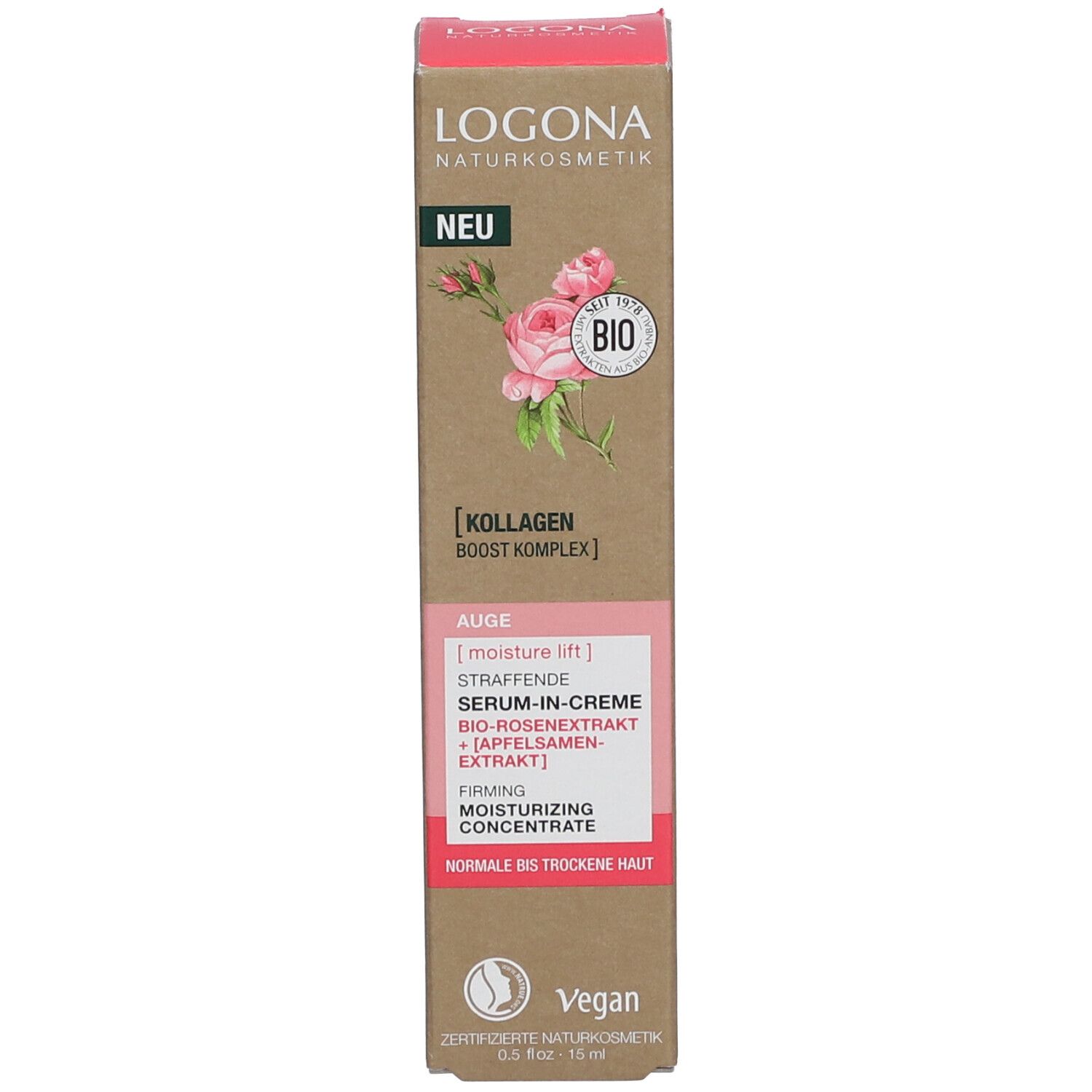 Boîte avec logo LOGONA, rose et label BIO. Nom du produit : Sérum-en-crème pour les yeux. Étiquette Nouveau. Label Vegan.
