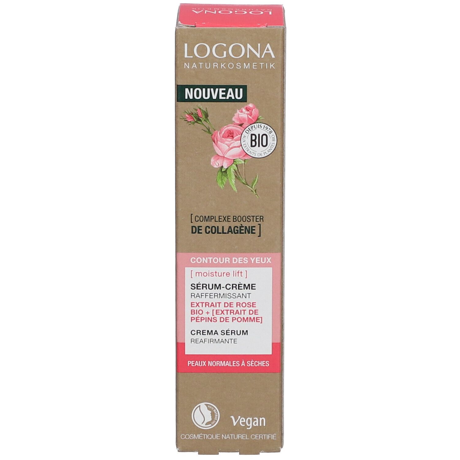 Emballage avec logo LOGONA, rose et label BIO. Nom du produit : Sérum-en-crème pour les yeux. Étiquette Nouveau. Label Vegan.