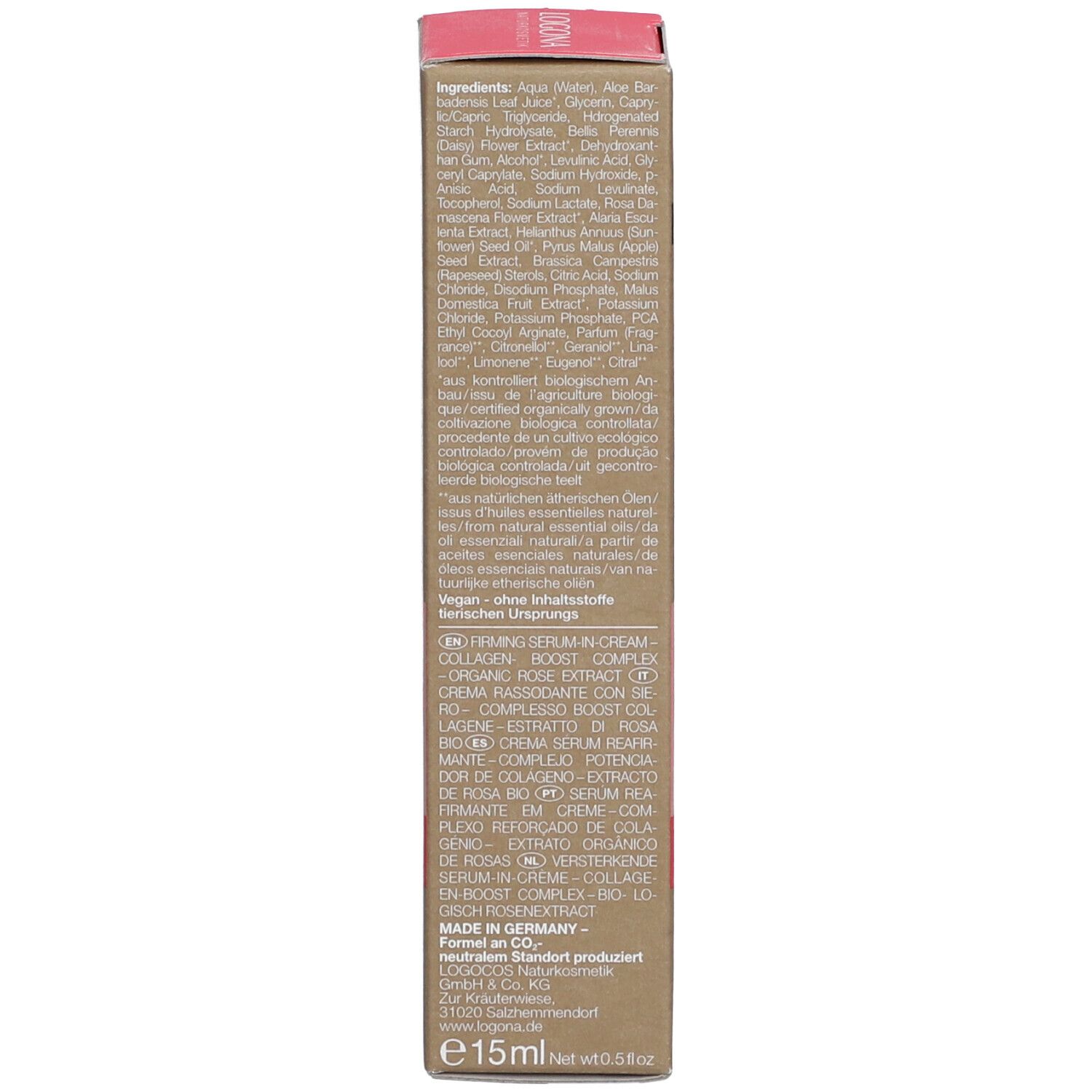 Dos de l'emballage avec texte. Contient des informations sur les ingrédients, le fabricant et les certifications. 15 ml.