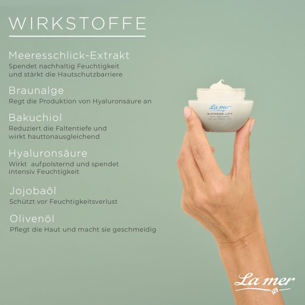 Main tenant un pot La mer Supreme Lift Anti-Age Cream. Texte: Ingrédients actifs, extrait de limon marin, algue brune, bakuchiol, acide hyaluronique.