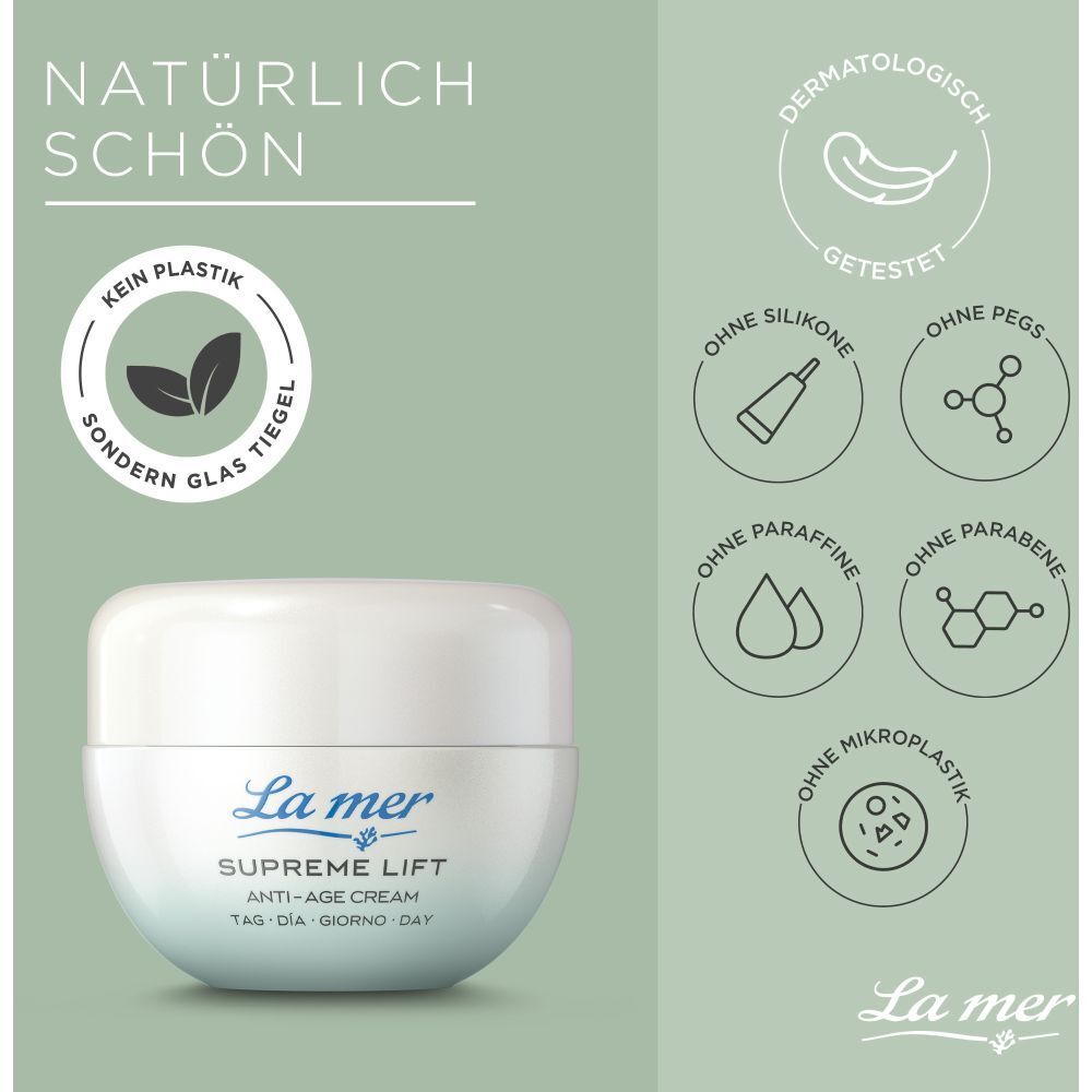 Pot La mer Supreme Lift Anti-Age Cream. Texte: Naturellement beau, pas de plastique, sans silicones, sans paraffines, sans parabènes.