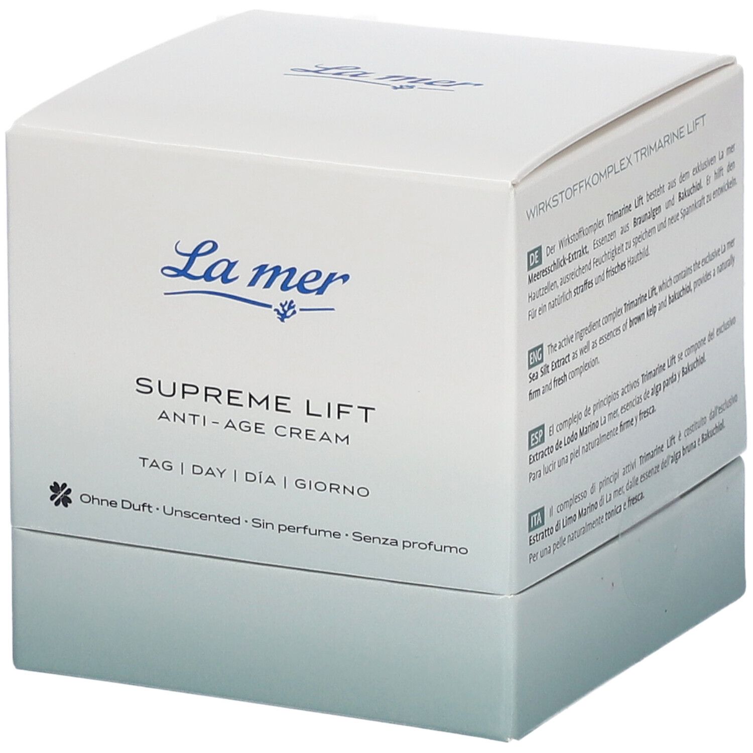 Boîte blanche La mer Supreme Lift Anti-Age Cream. Textes en allemand, anglais, espagnol et italien. Ingrédients et informations.