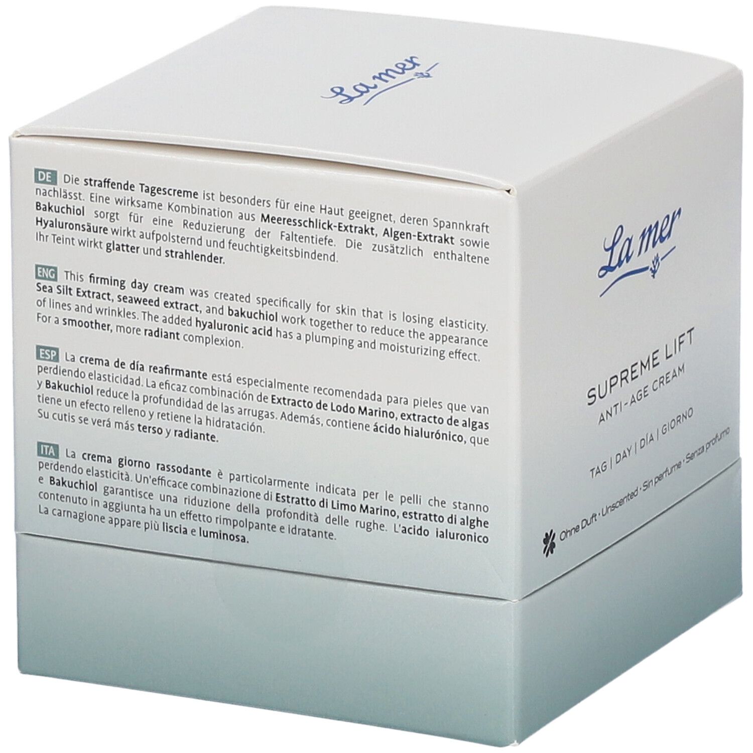 Boîte blanche La mer Supreme Lift Anti-Age Cream. Textes en allemand, anglais, espagnol et italien. Description du produit.