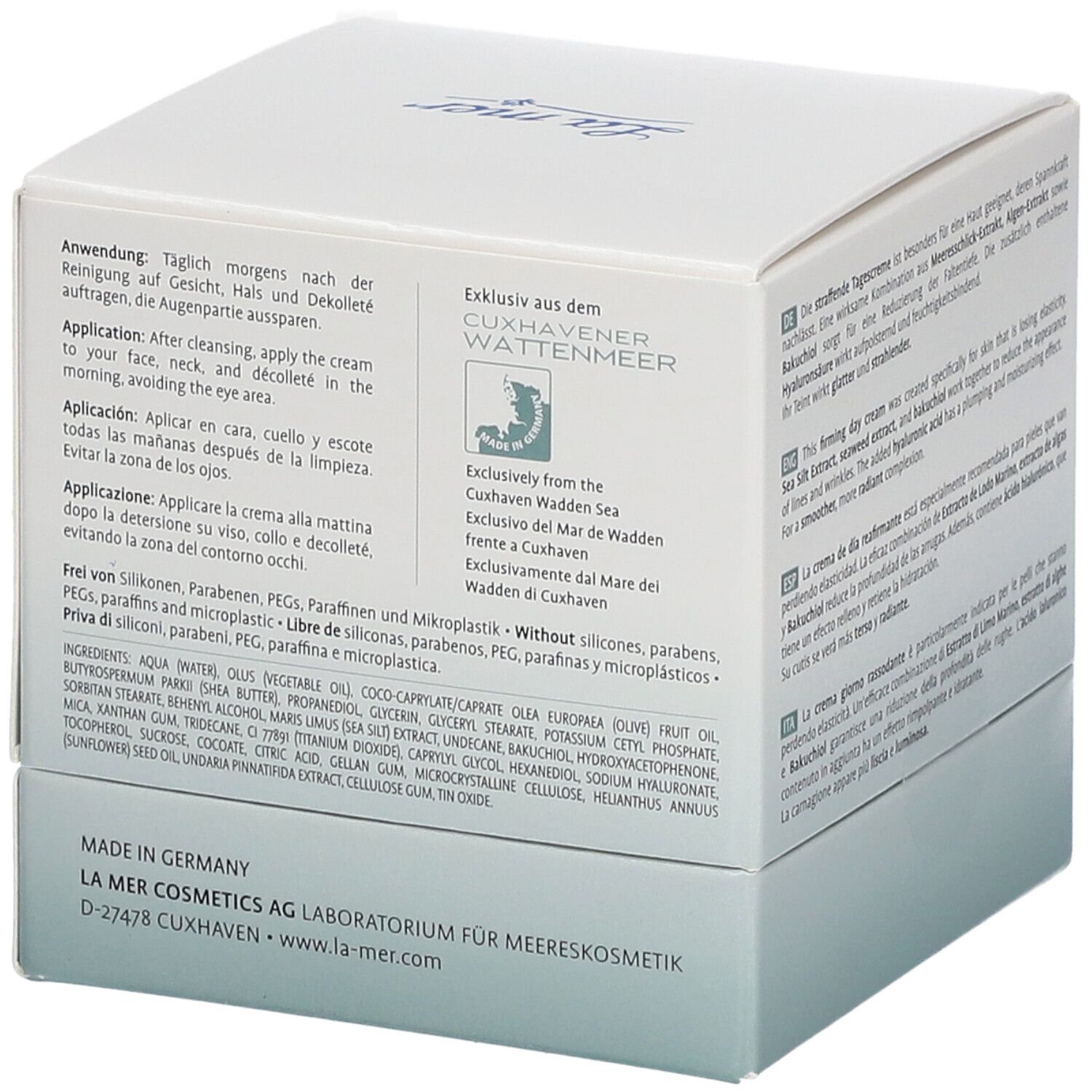 Boîte blanche La mer Supreme Lift Anti-Age Cream. Textes en allemand, anglais, espagnol et italien. Instructions d'utilisation.