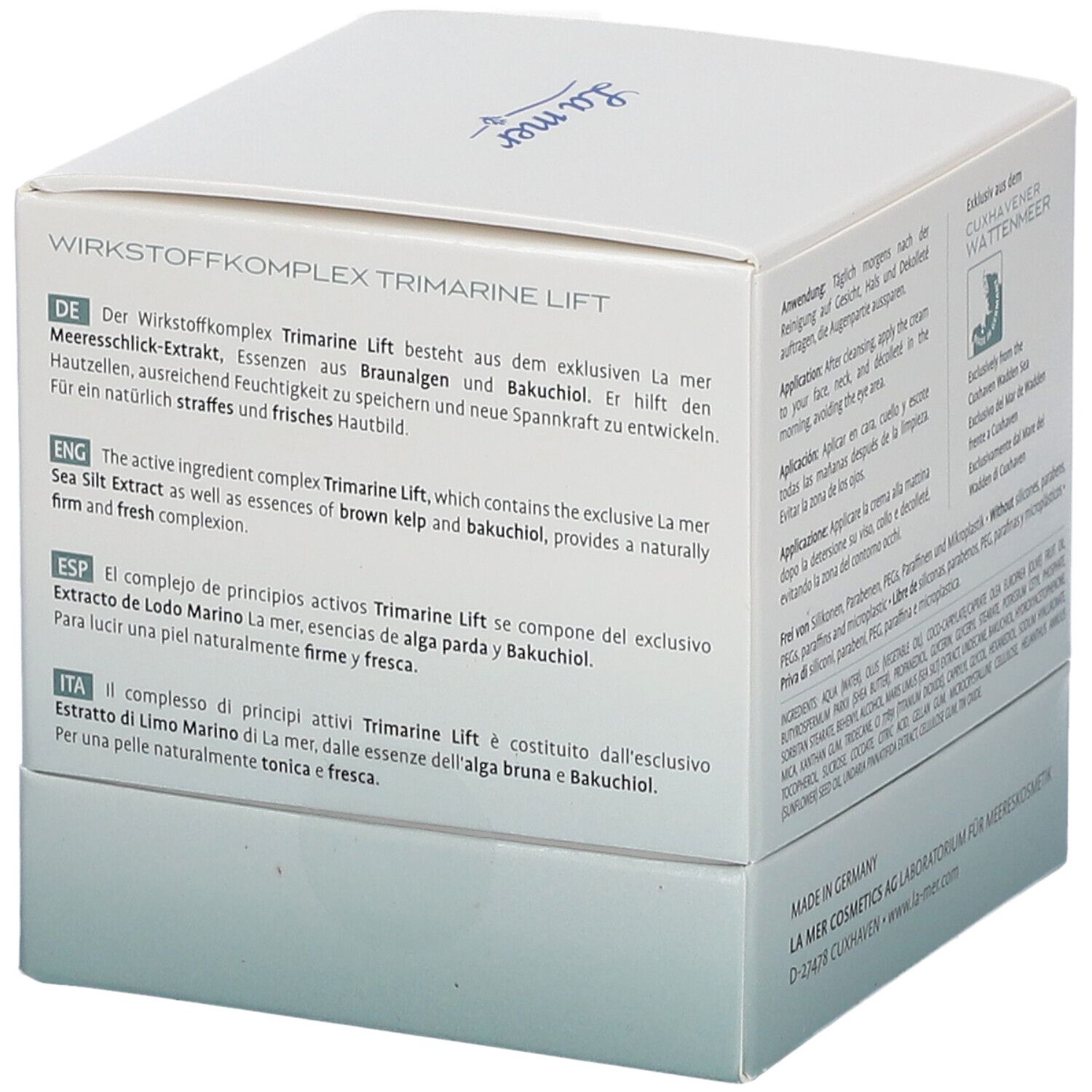 Boîte blanche La mer Supreme Lift Anti-Age Cream. Textes en allemand, anglais, espagnol et italien. Complexe d'ingrédients actifs.