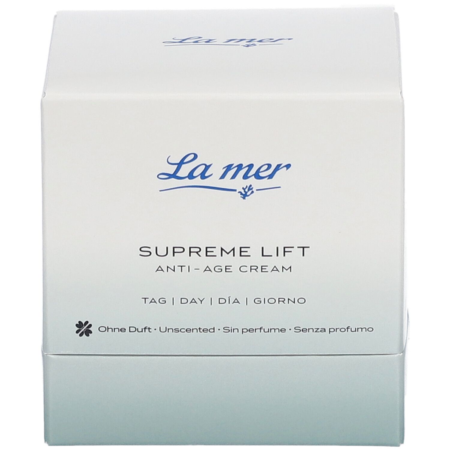 Boîte blanche La mer Supreme Lift Anti-Age Cream. Nom du produit et logo. Sans parfum.